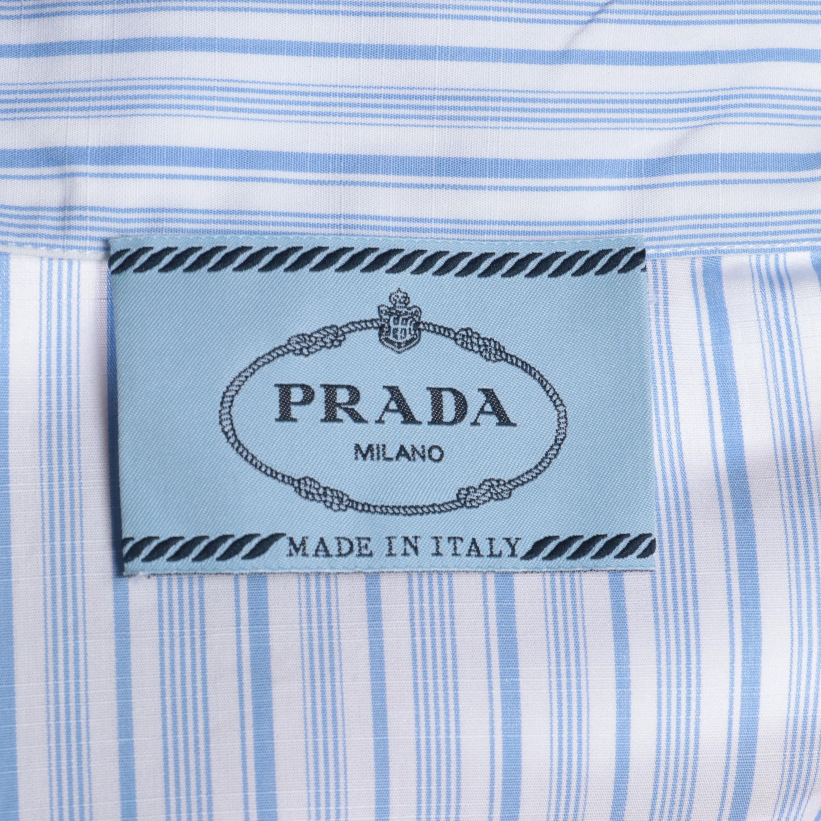 Prada Ruffle Trim Pleated Dress in Blue and White Cotton with Matching Belt