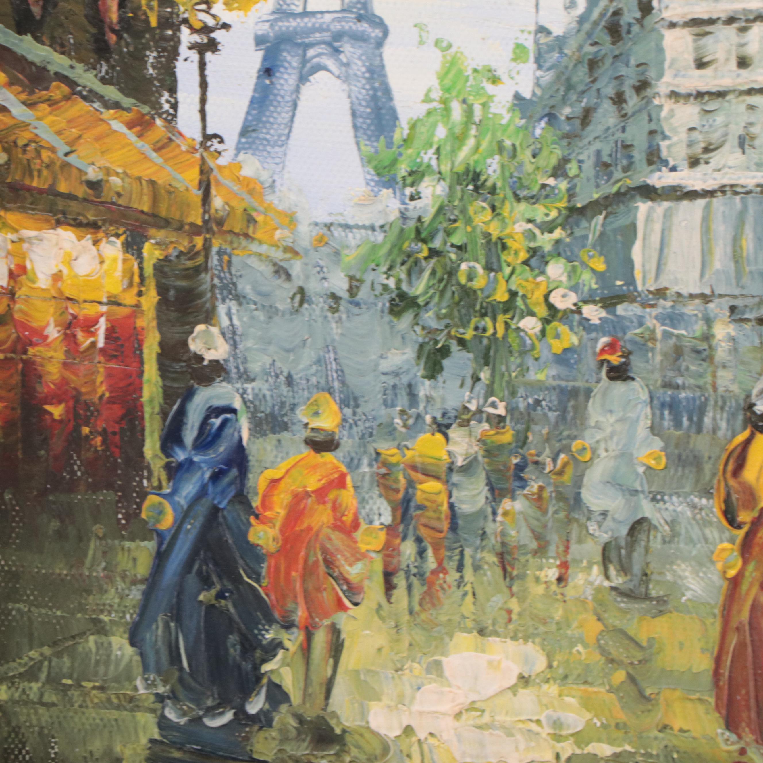Impasto Oil Painting of Figures in Parisian Cityscape