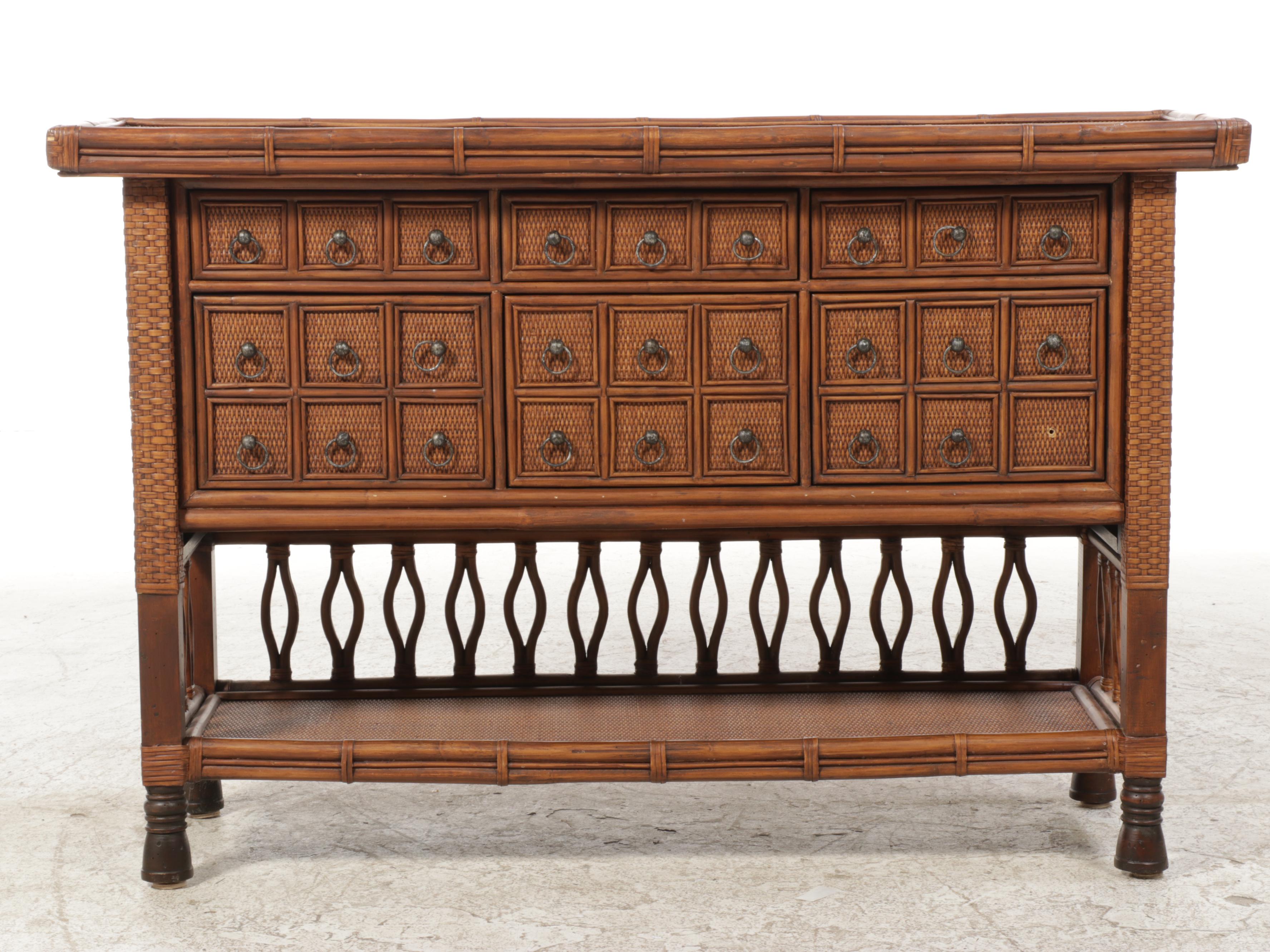 Palecek Rattan, Wicker, and Hardwood Six-Drawer Console Table