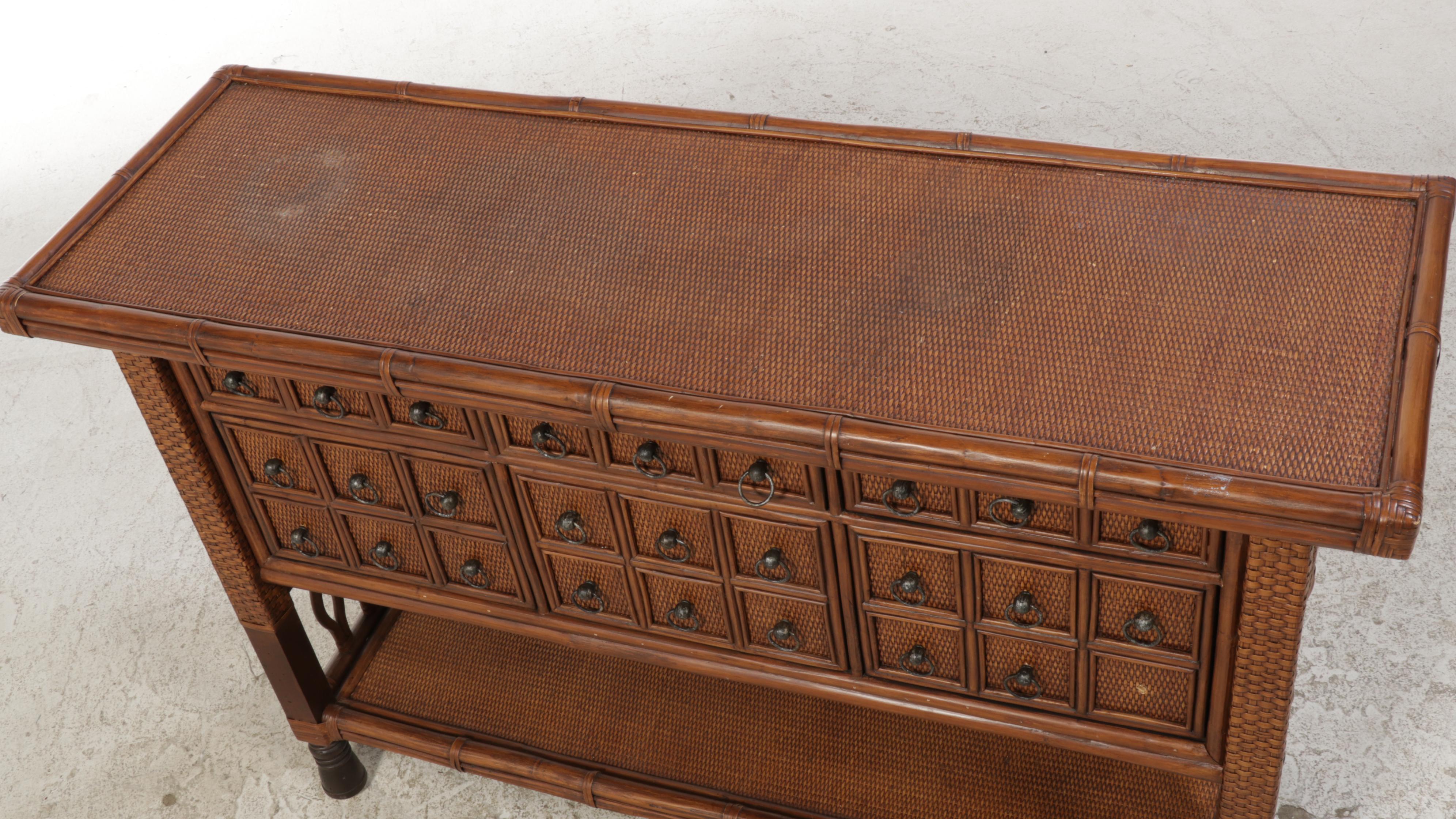 Palecek Rattan, Wicker, and Hardwood Six-Drawer Console Table