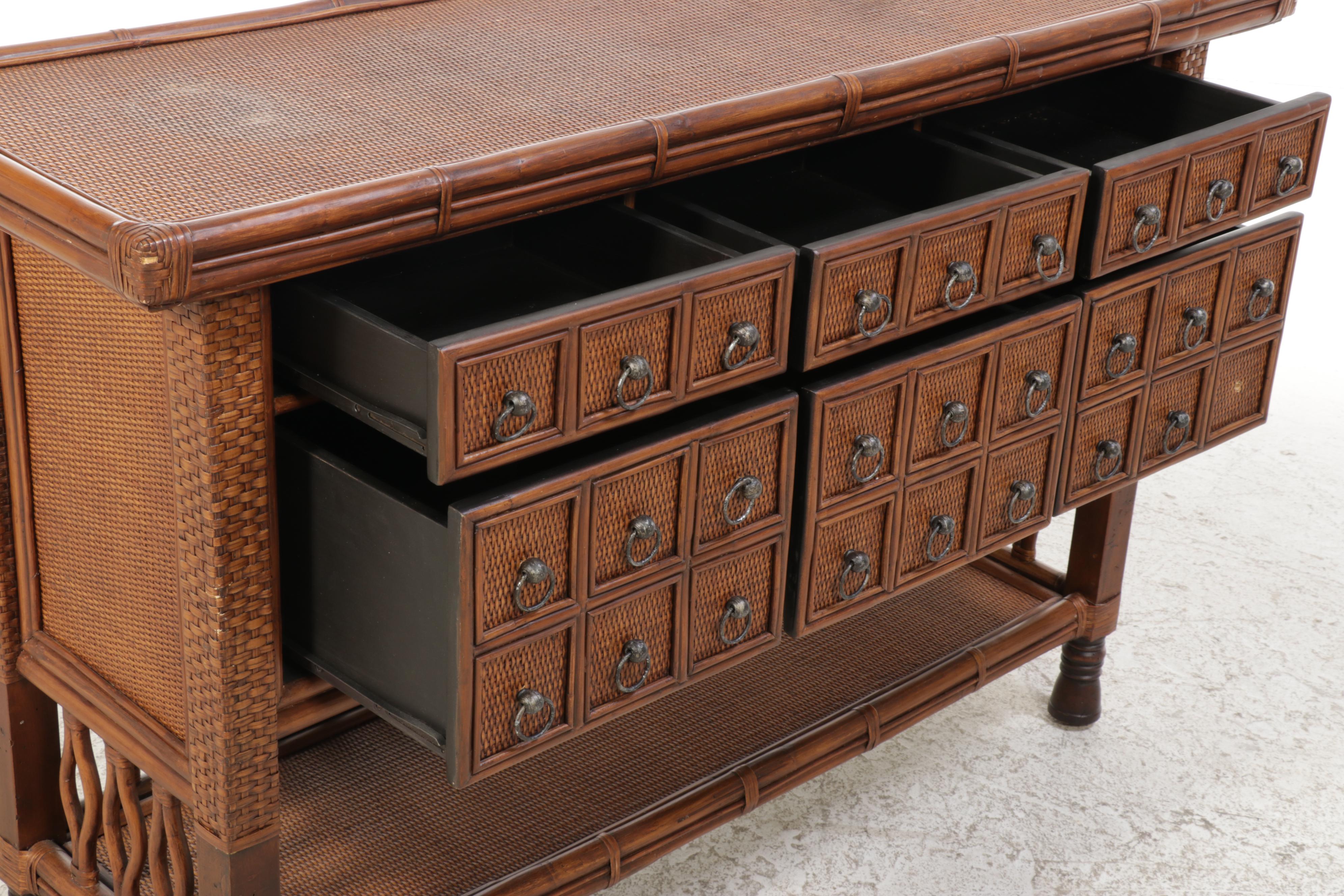 Palecek Rattan, Wicker, and Hardwood Six-Drawer Console Table