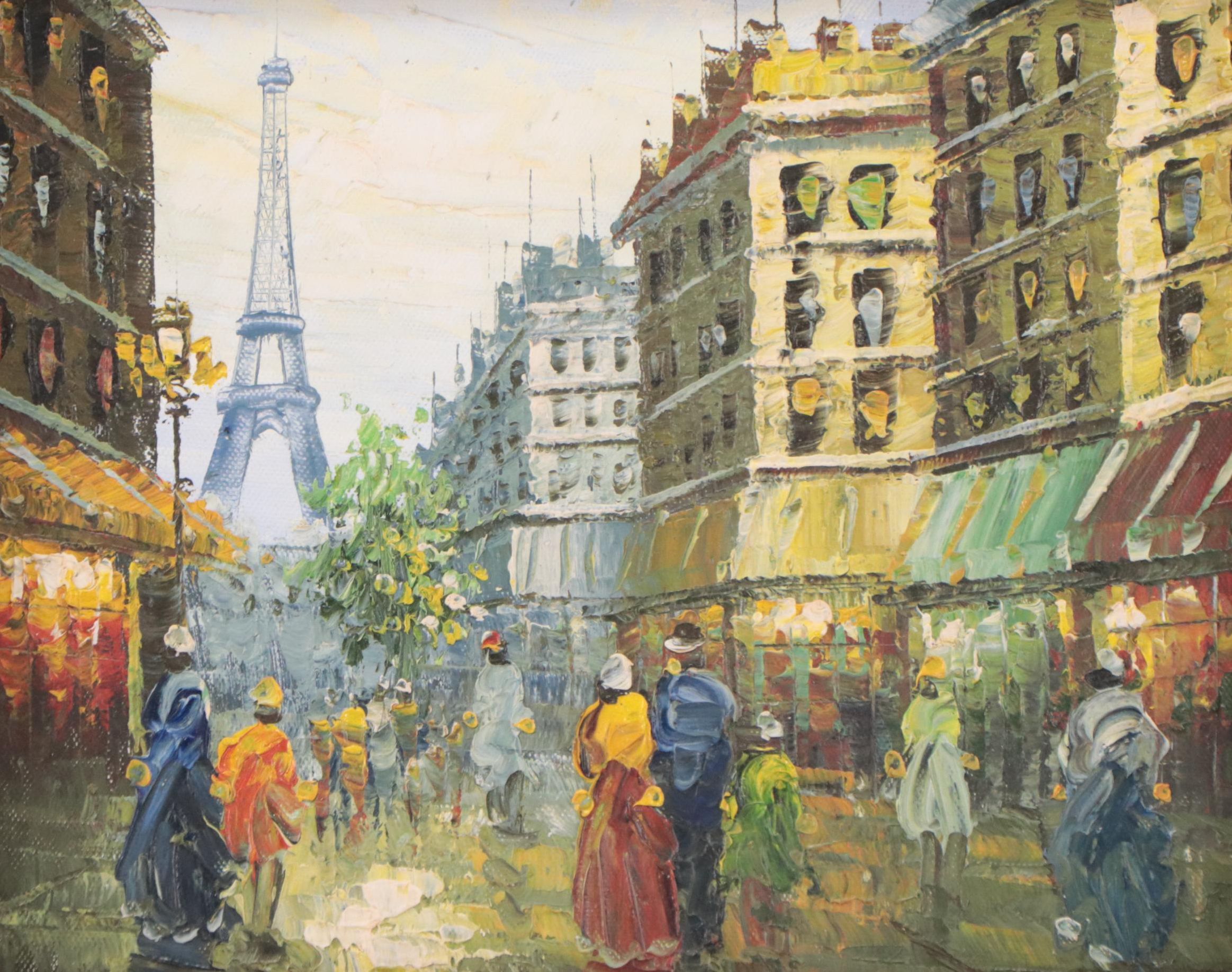 Impasto Oil Painting of Figures in Parisian Cityscape