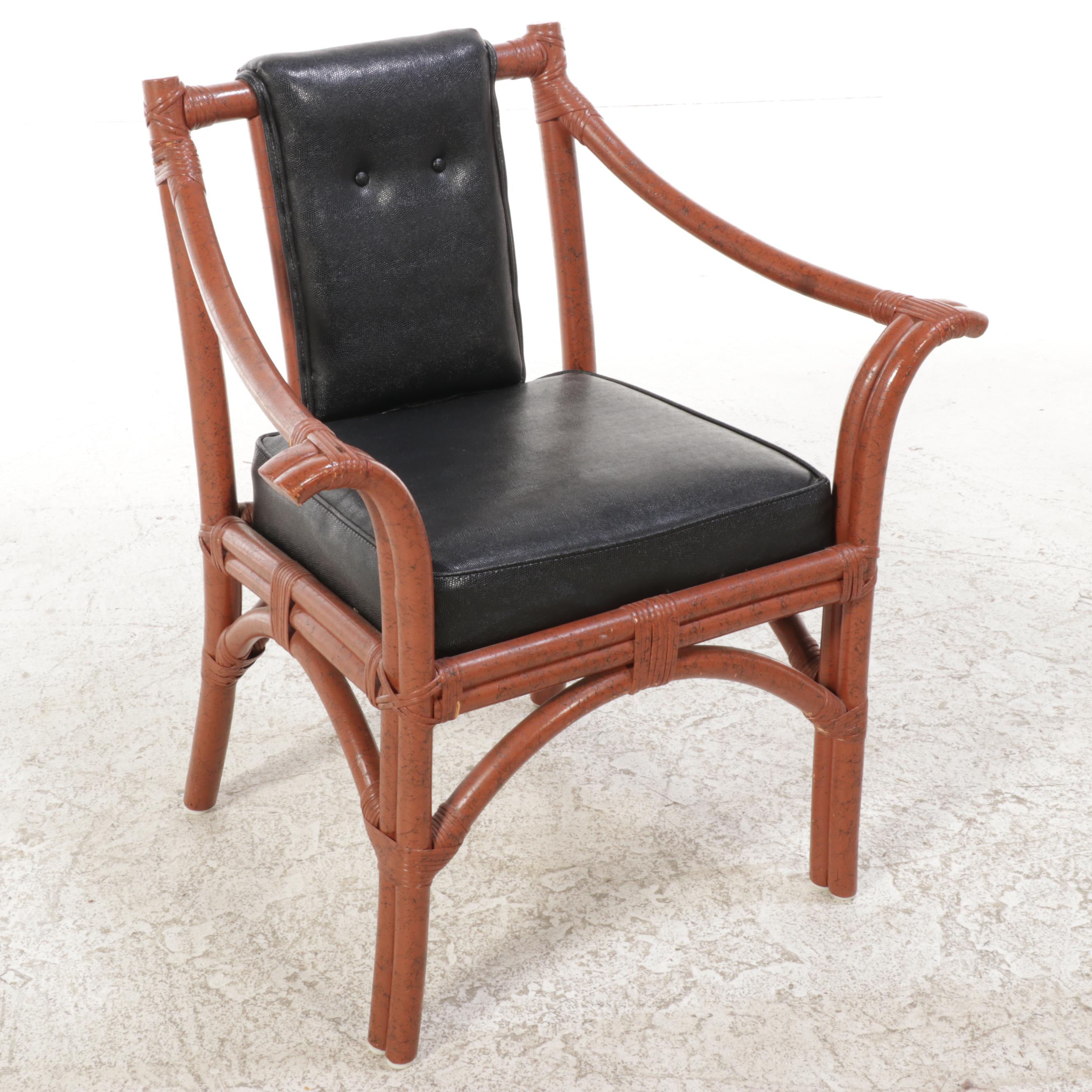 Pair of Ficks Reed Painted Rattan and Black Vinyl Lounge Chairs with Ottomans