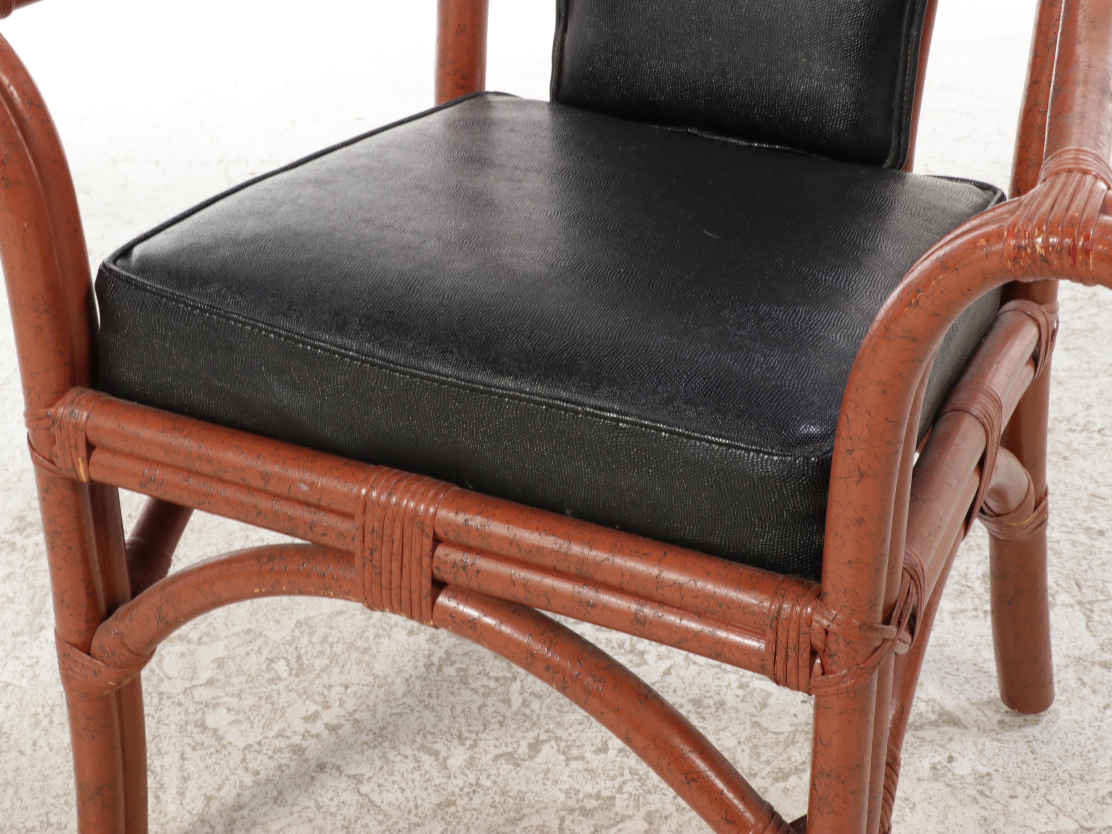 Pair of Ficks Reed Painted Rattan and Black Vinyl Lounge Chairs with Ottomans