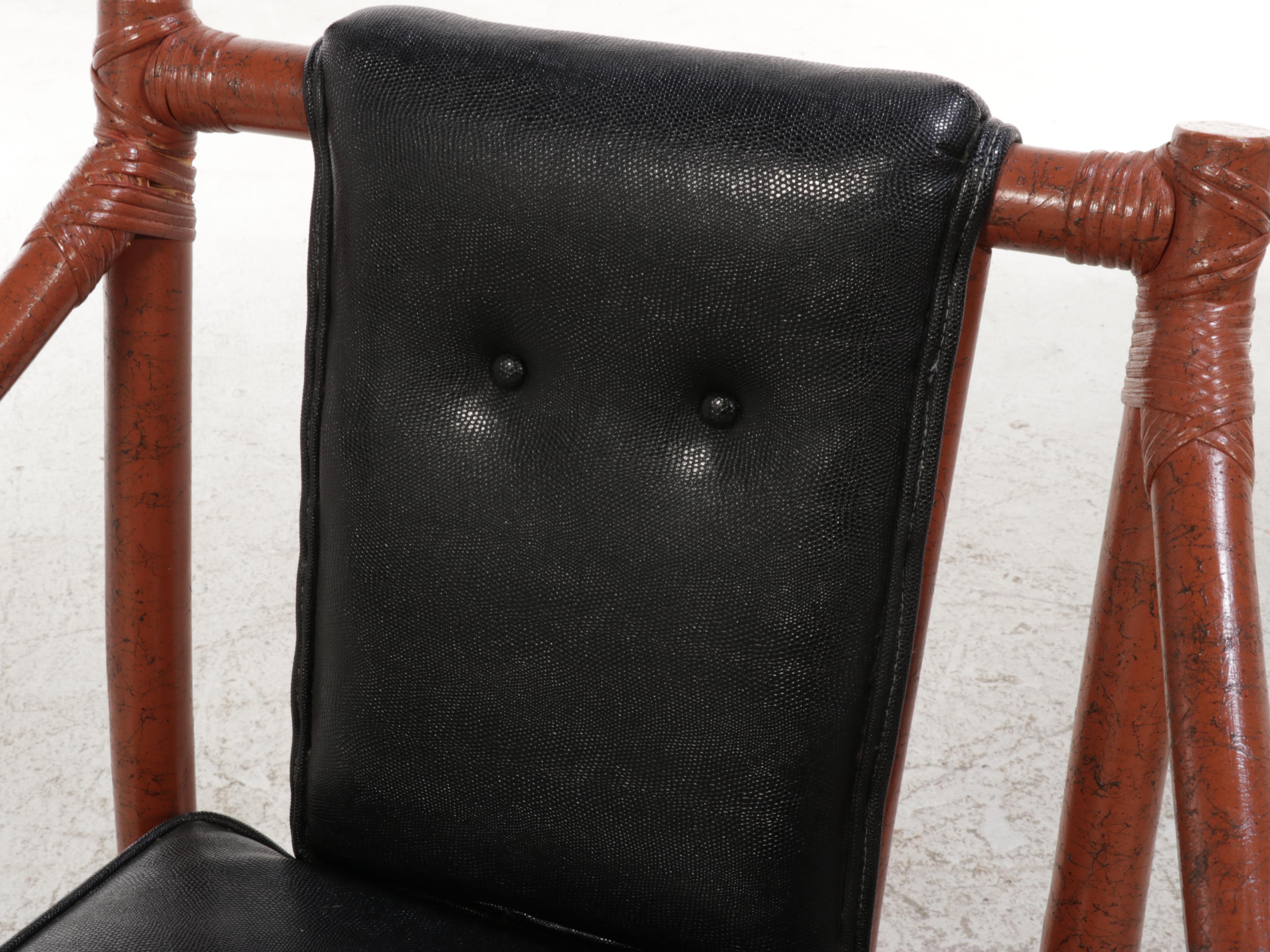 Pair of Ficks Reed Painted Rattan and Black Vinyl Lounge Chairs with Ottomans