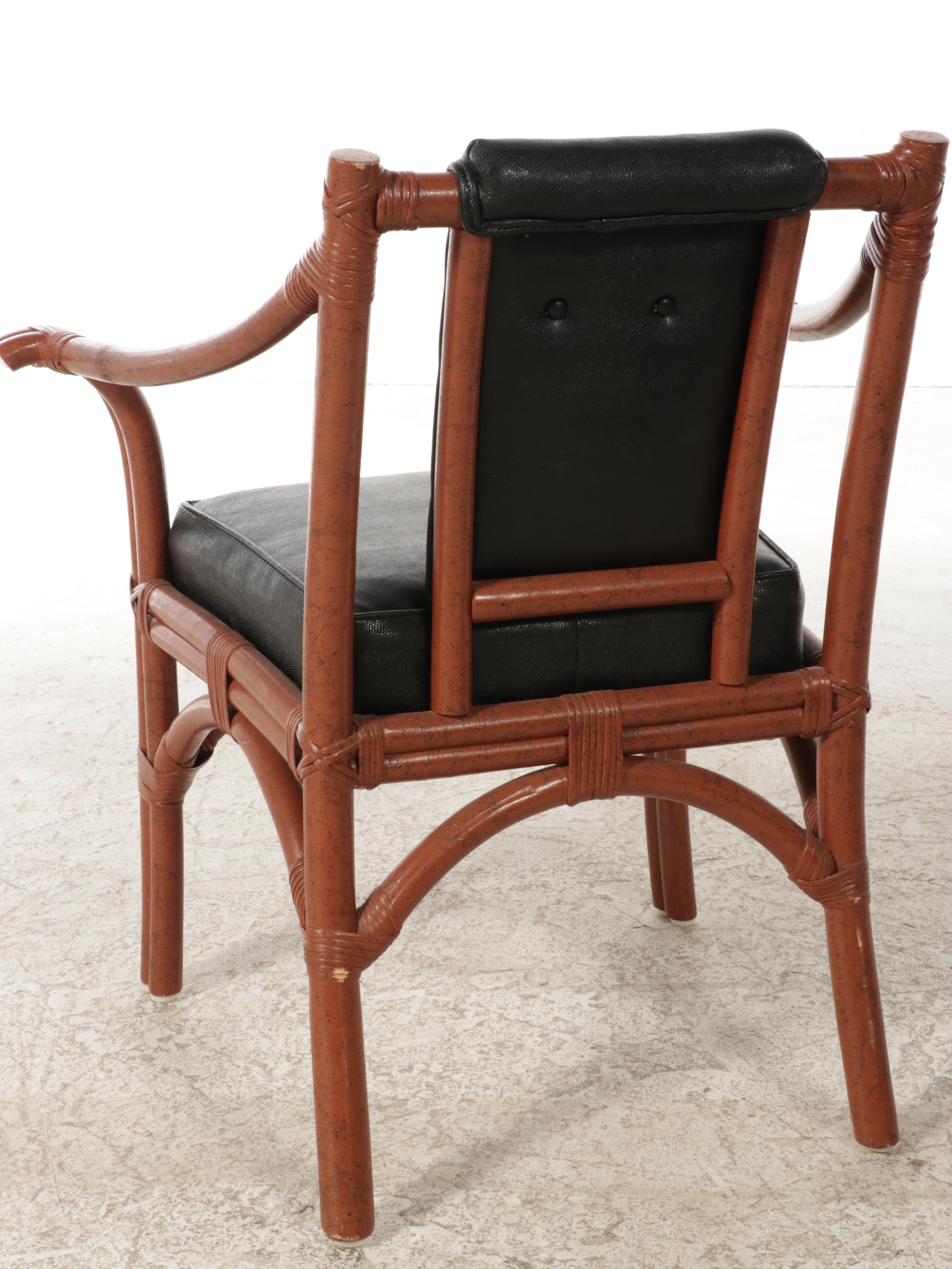 Pair of Ficks Reed Painted Rattan and Black Vinyl Lounge Chairs with Ottomans
