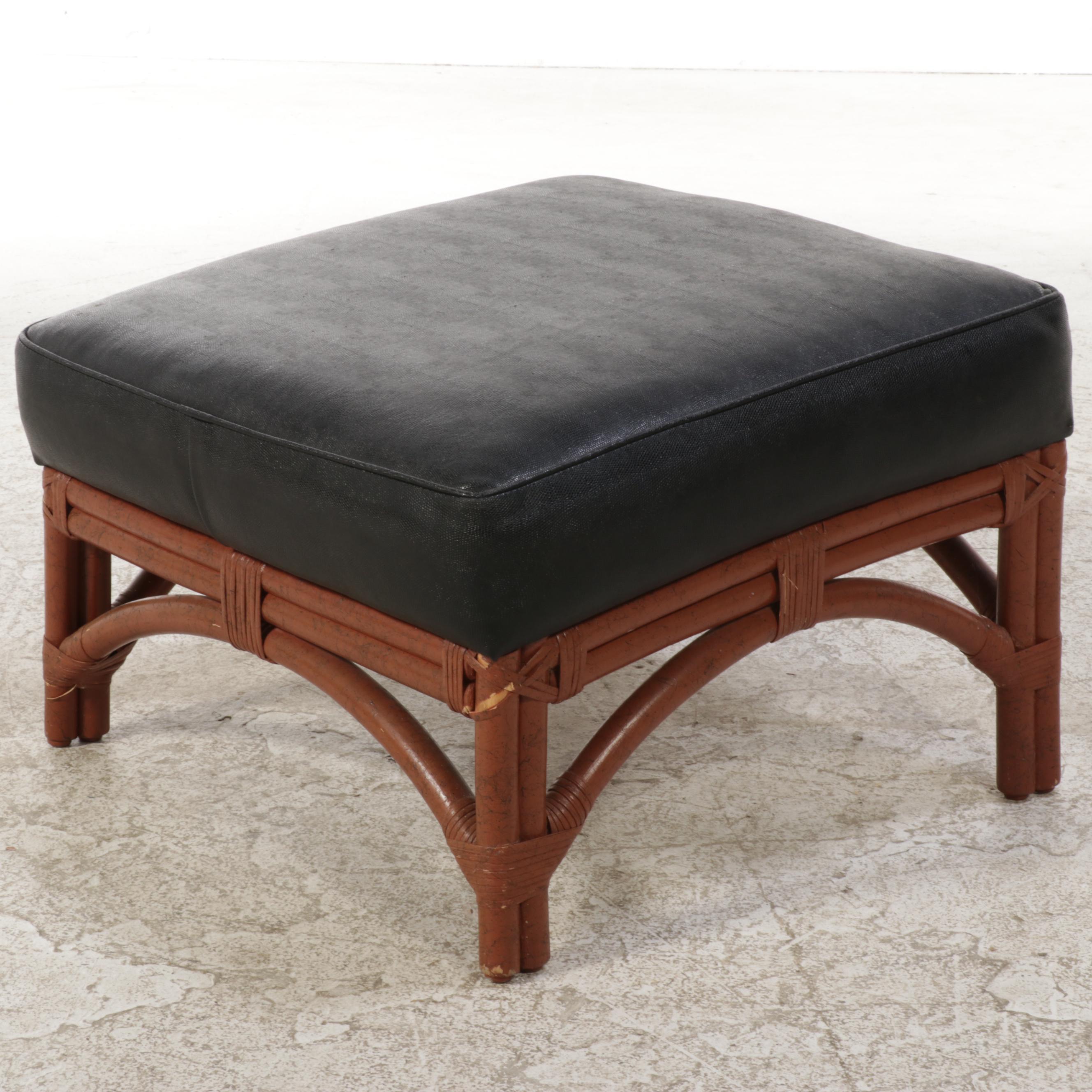 Pair of Ficks Reed Painted Rattan and Black Vinyl Lounge Chairs with Ottomans