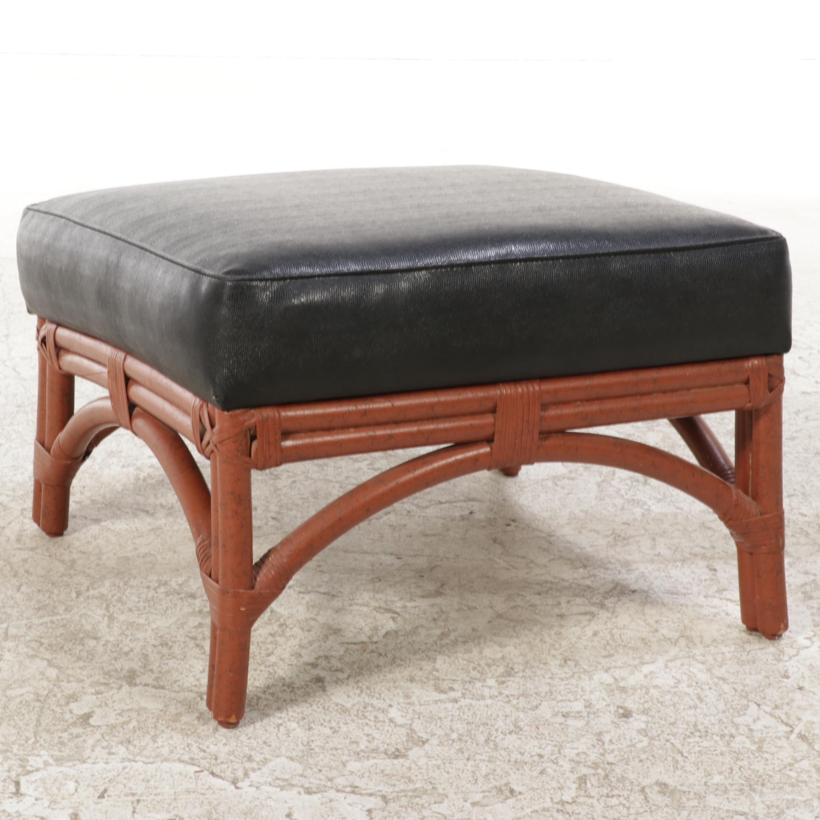 Pair of Ficks Reed Painted Rattan and Black Vinyl Lounge Chairs with Ottomans