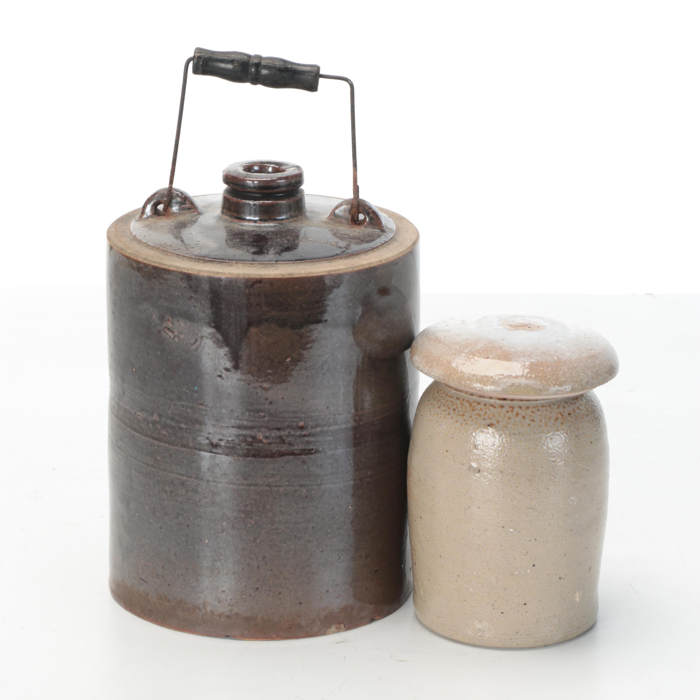 Western Stoneware Co. Salt Glazed Stoneware Jug, Other Jug, and Canister, 20th C