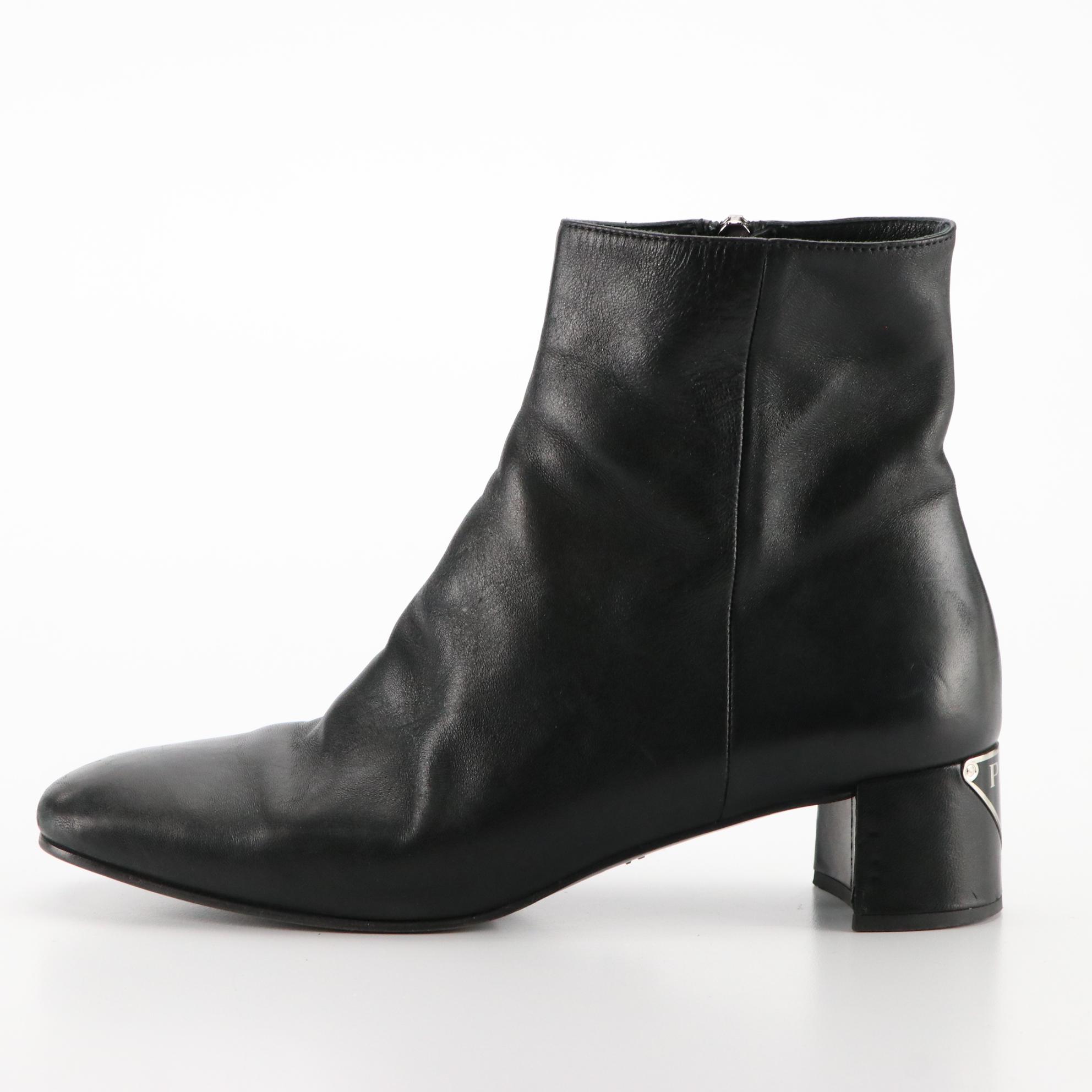 Prada Logo Ankle Boots in Black Lambskin Leather