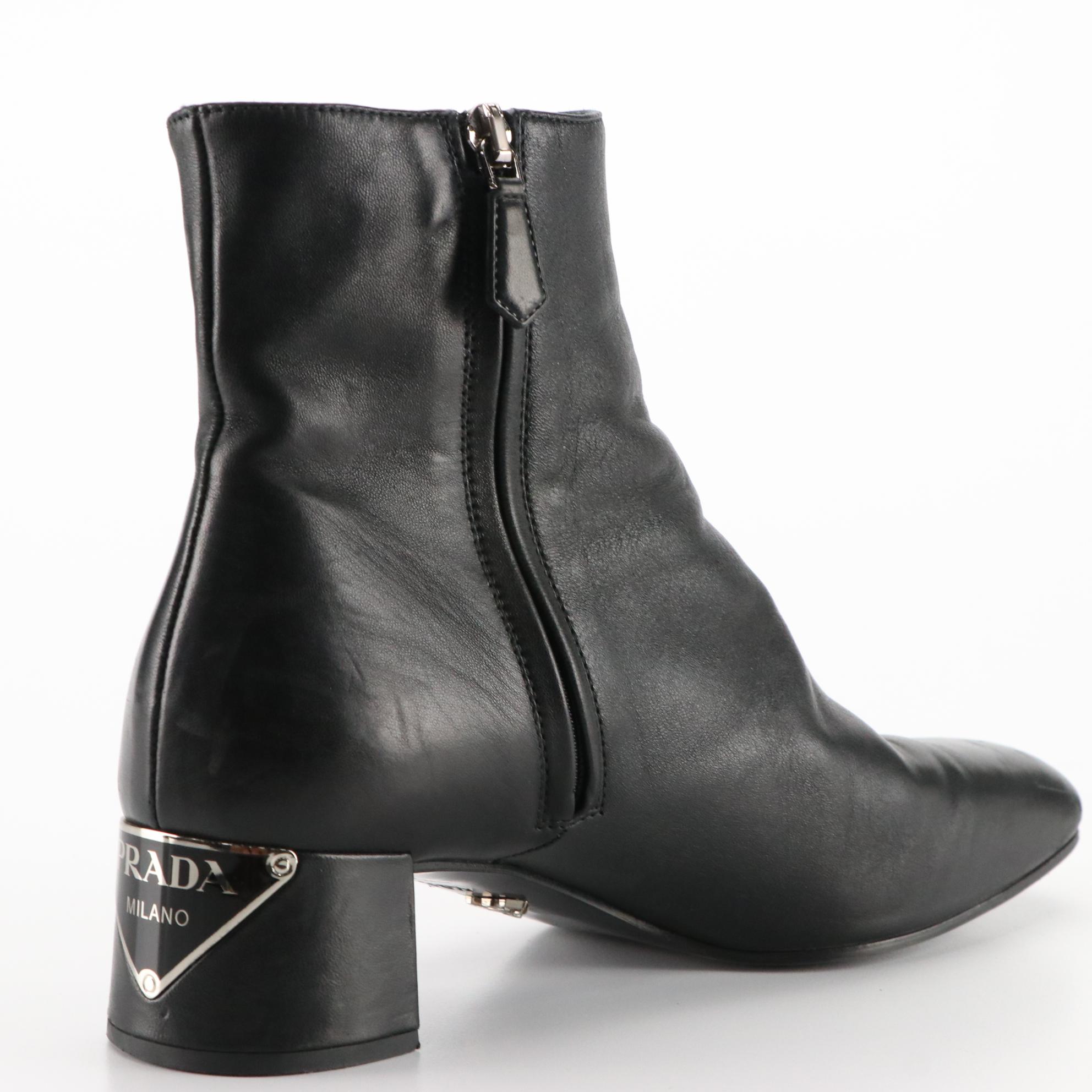 Prada Logo Ankle Boots in Black Lambskin Leather