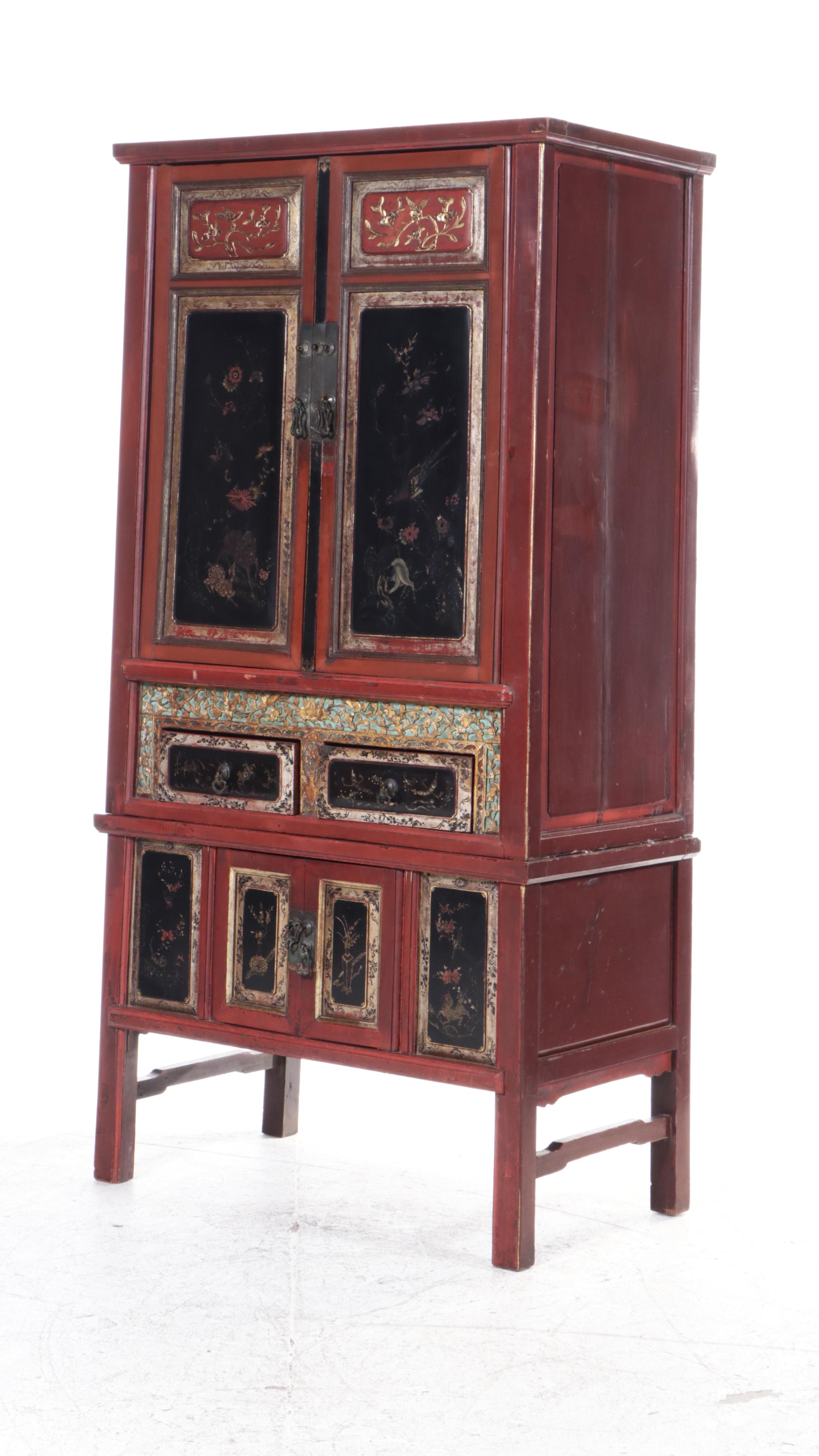 Chinese Two-Piece Lacquered Cabinet with Incised Gilt