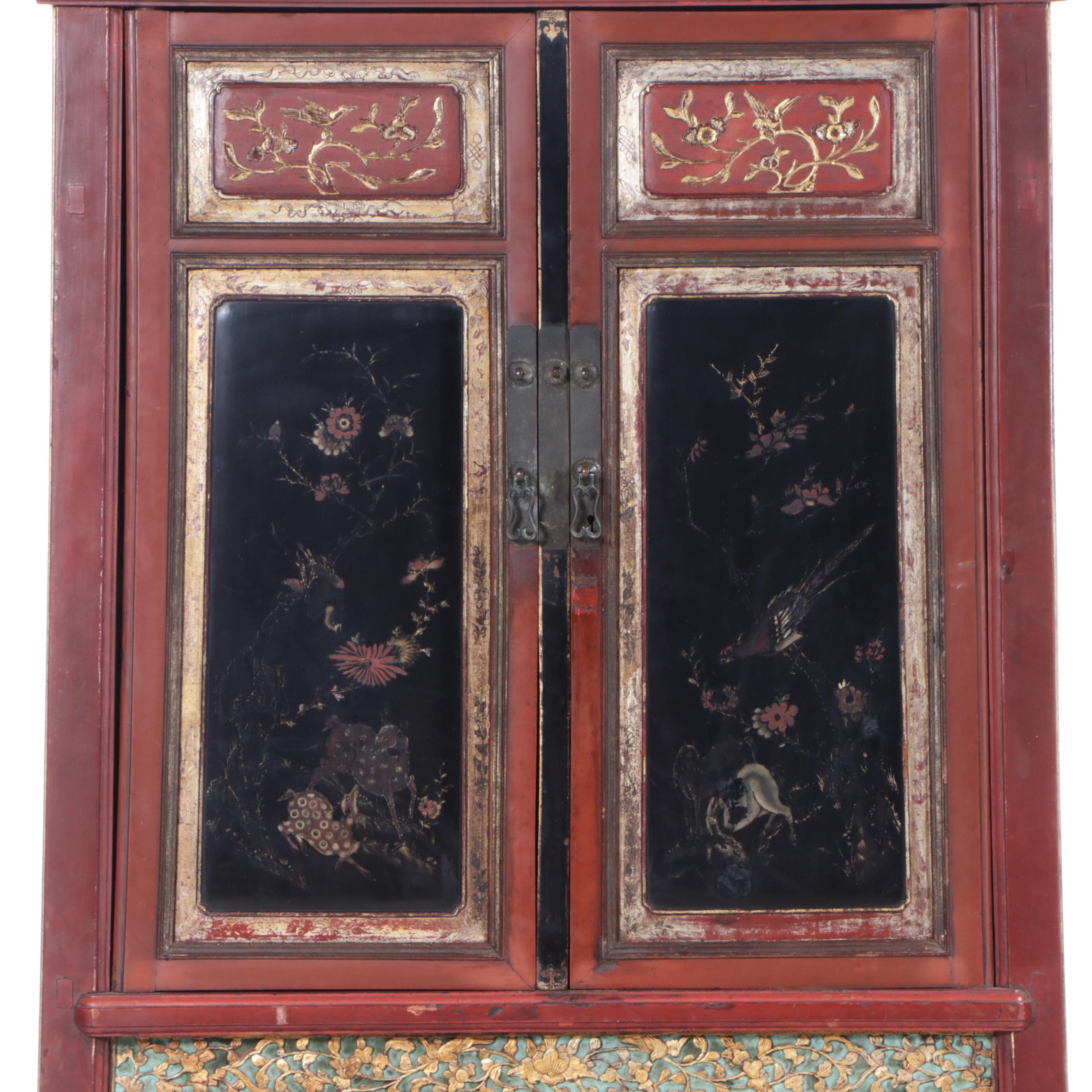 Chinese Two-Piece Lacquered Cabinet with Incised Gilt