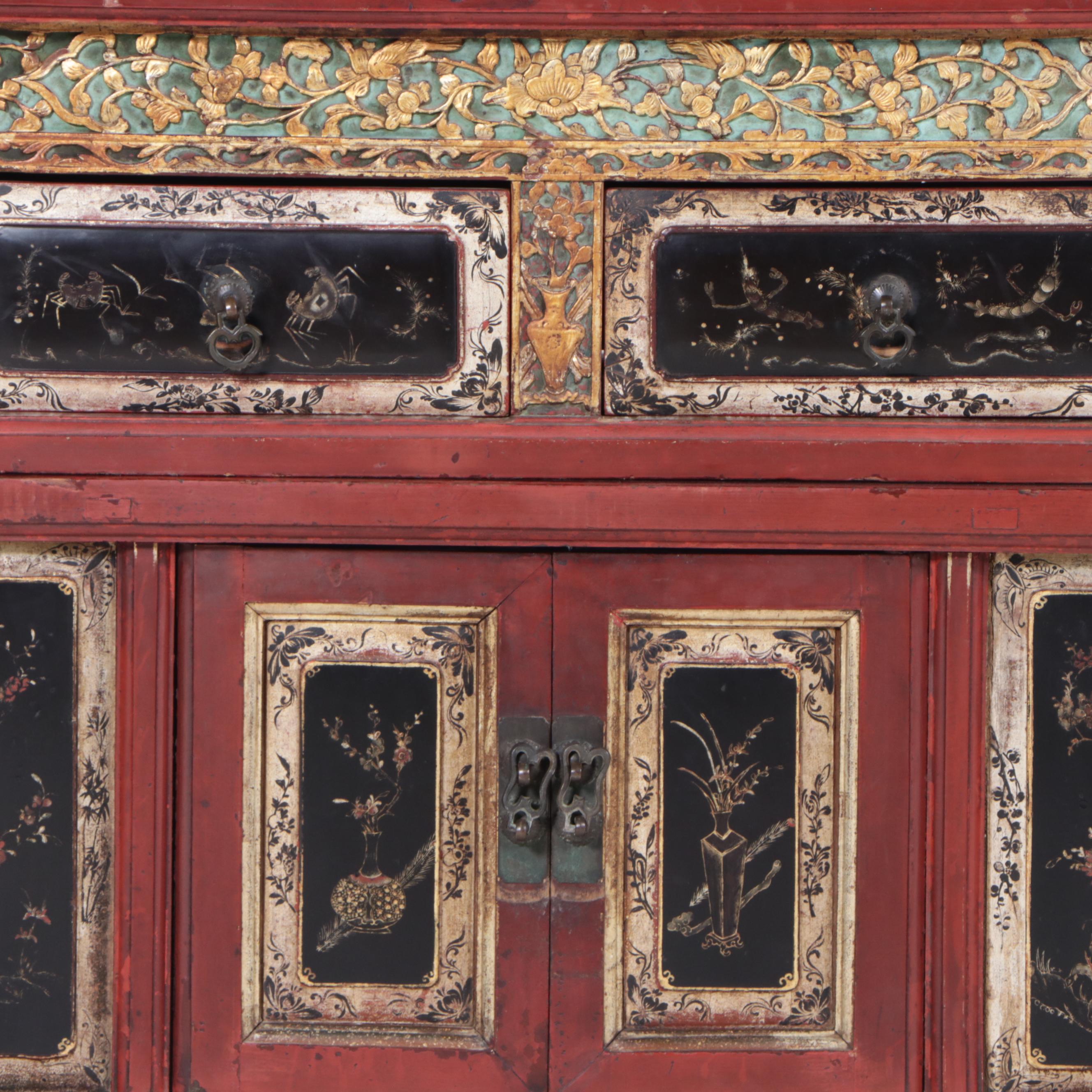 Chinese Two-Piece Lacquered Cabinet with Incised Gilt