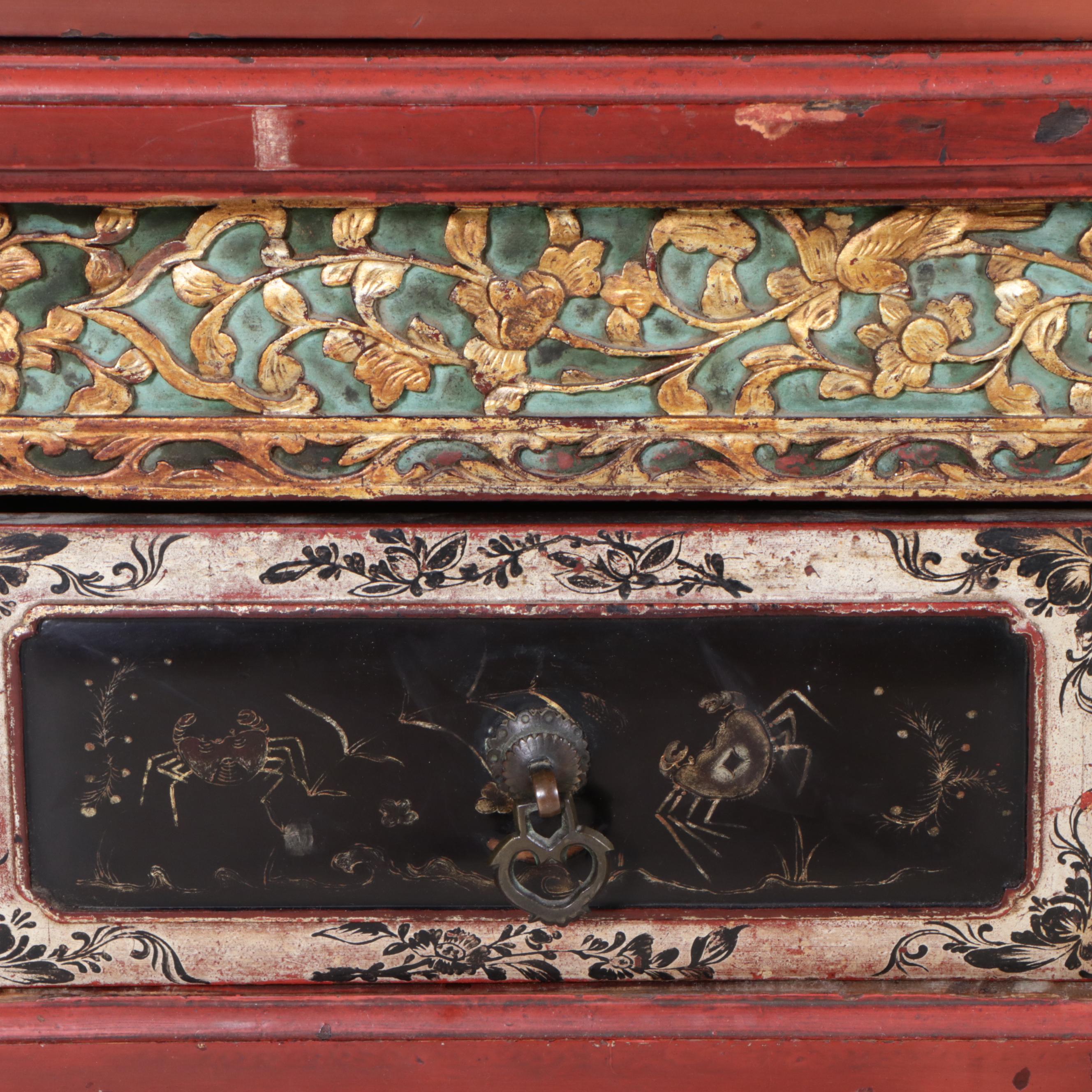 Chinese Two-Piece Lacquered Cabinet with Incised Gilt