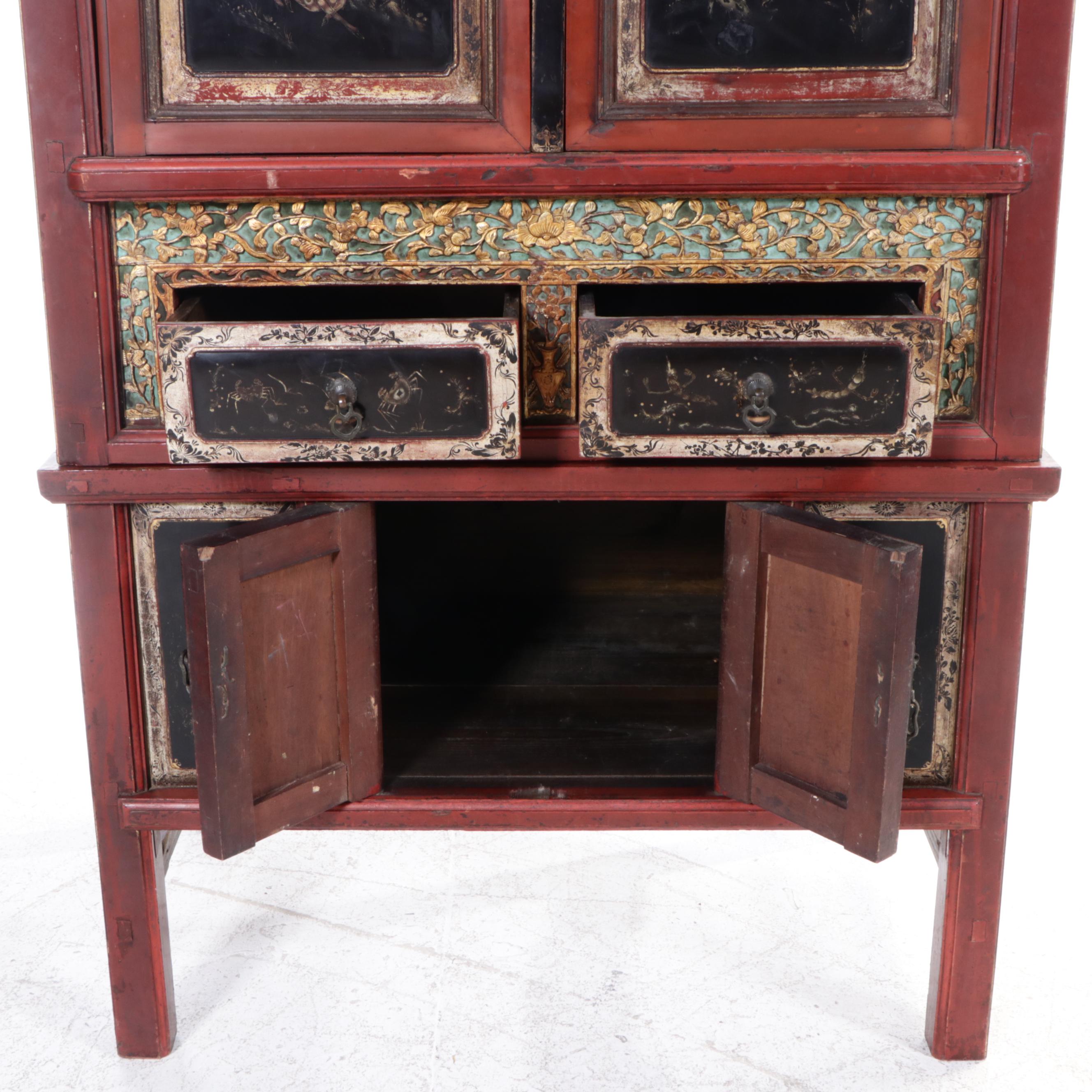 Chinese Two-Piece Lacquered Cabinet with Incised Gilt