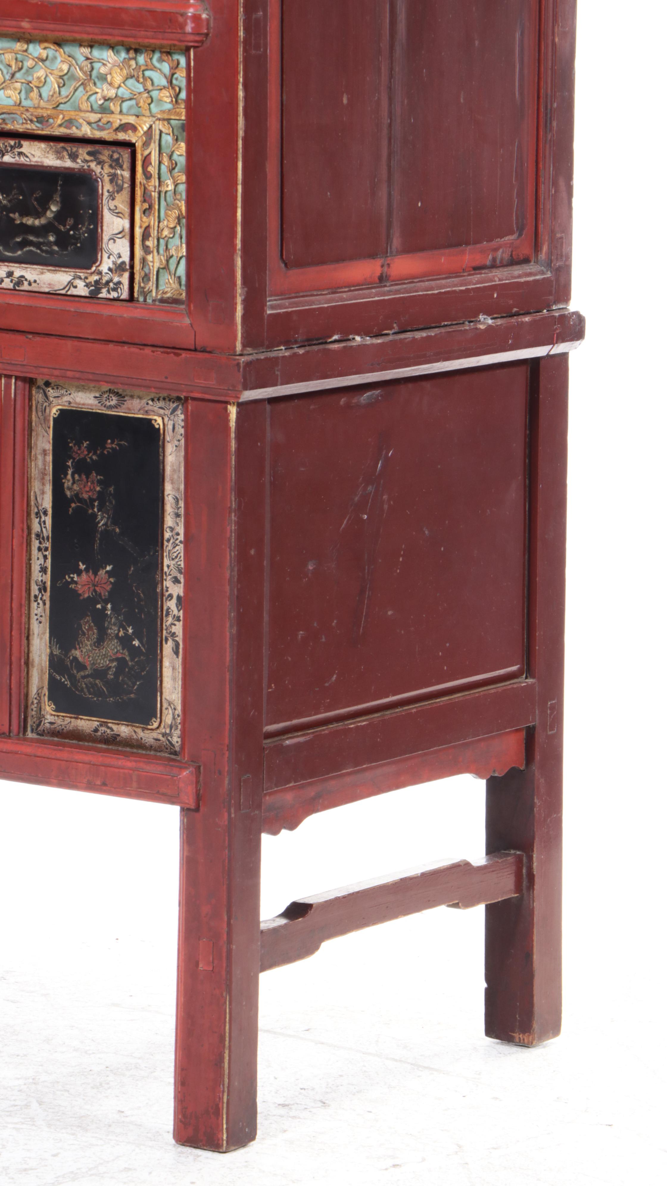 Chinese Two-Piece Lacquered Cabinet with Incised Gilt