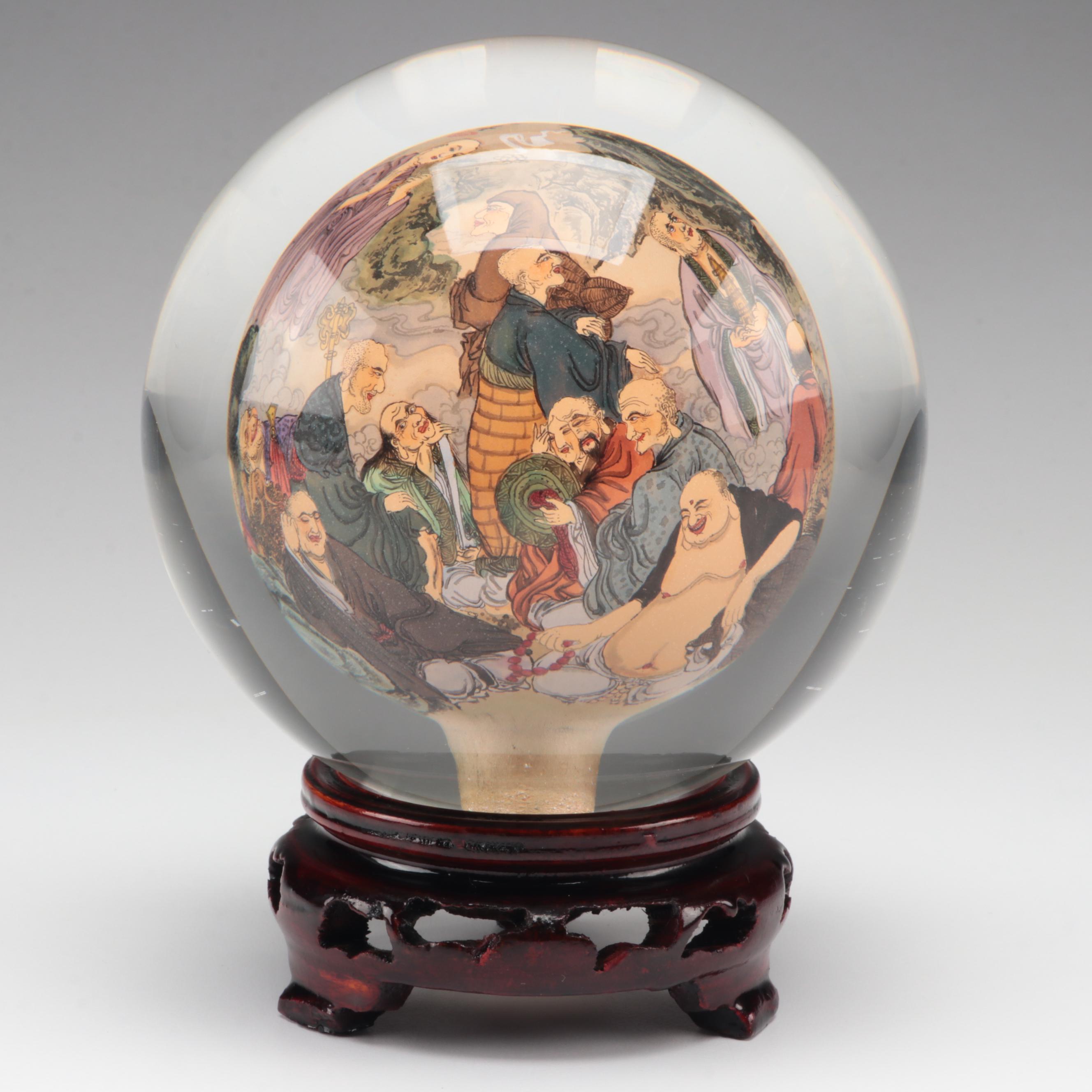 Chinese Reverse Painted Glass Globe on Carved Wood Stand