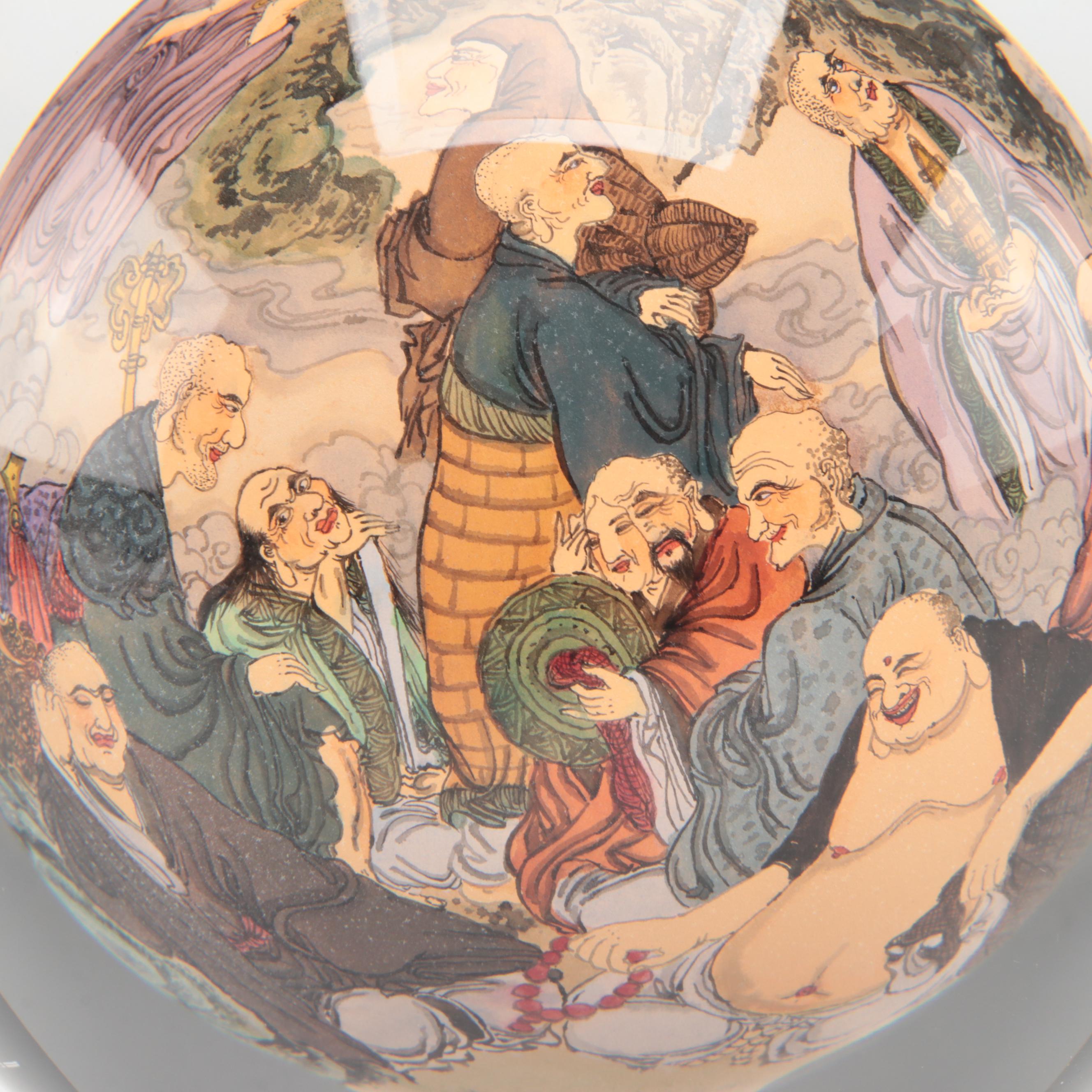 Chinese Reverse Painted Glass Globe on Carved Wood Stand