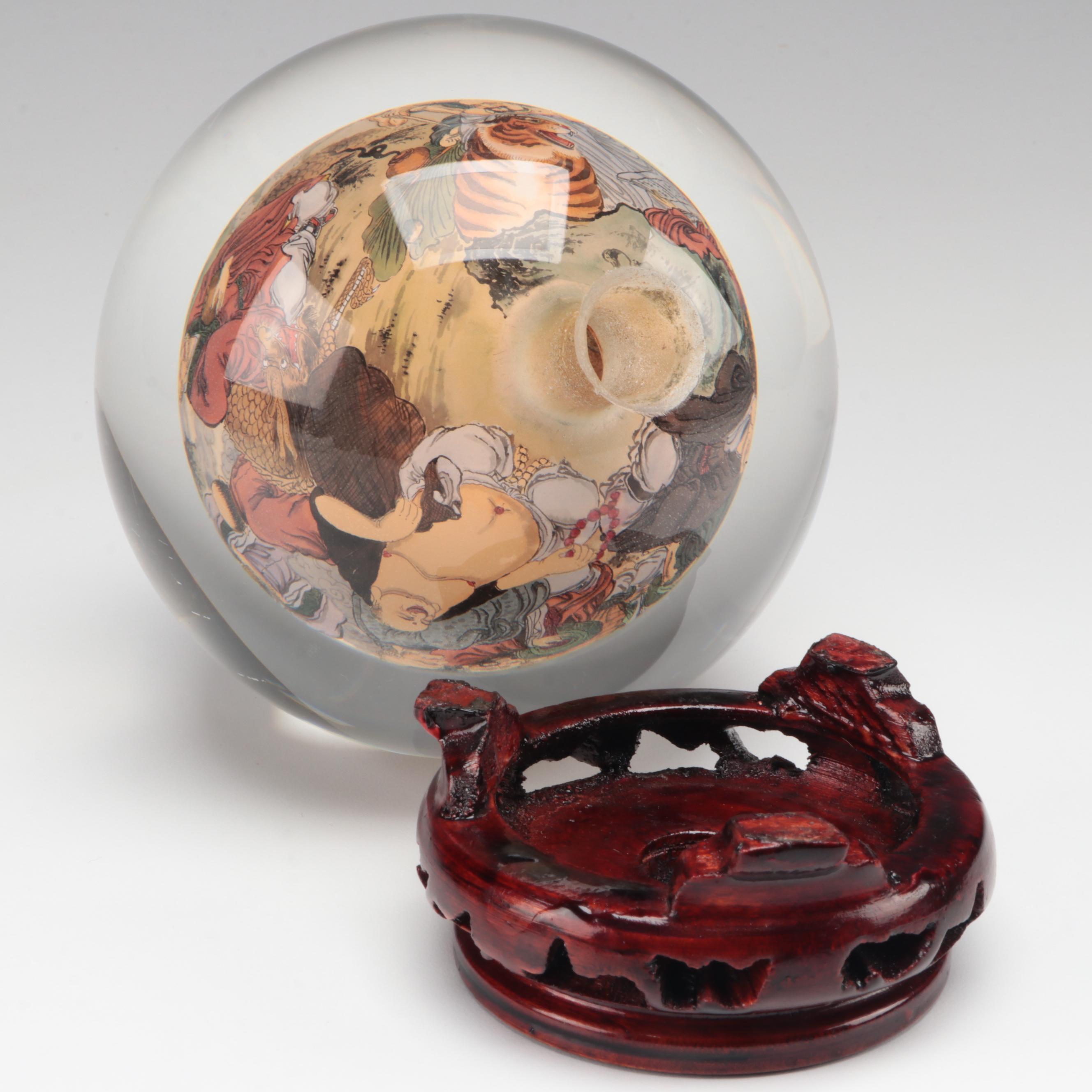 Chinese Reverse Painted Glass Globe on Carved Wood Stand