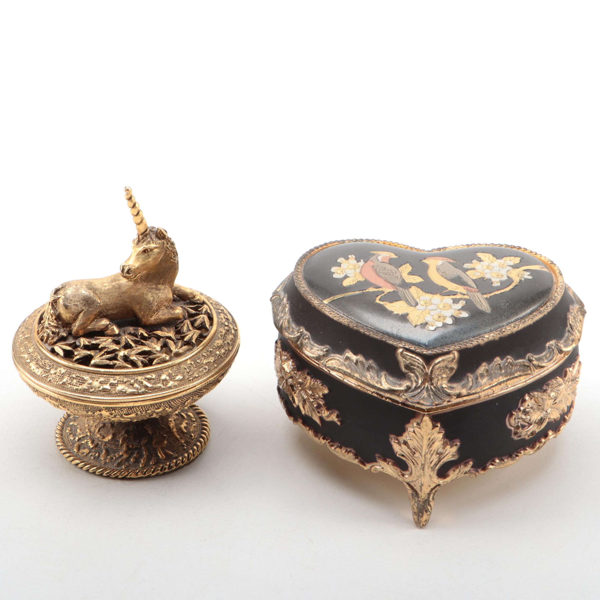 Sankyo Heart Shape Chokin Music Box with Unicorn Motif Brass Censer