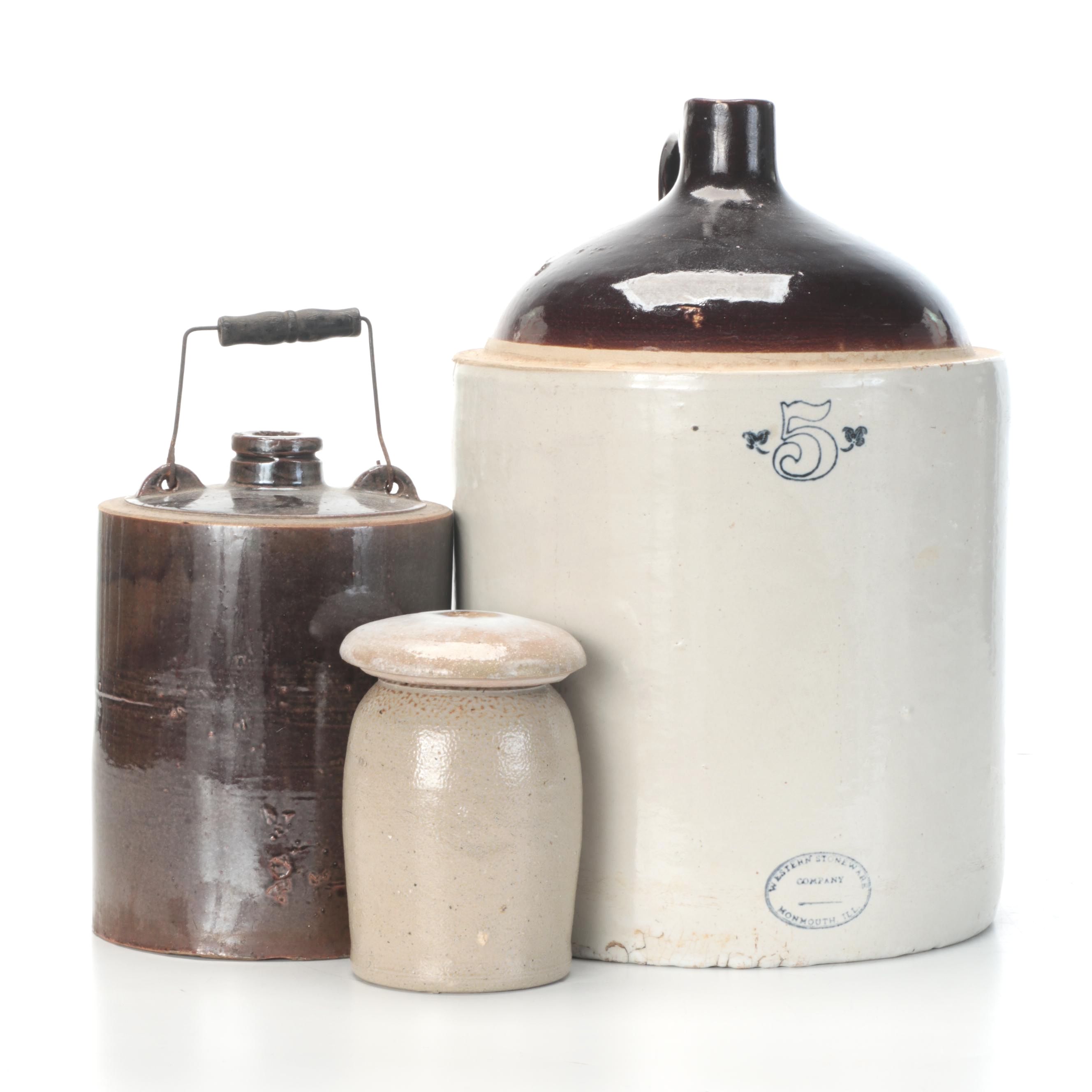 Western Stoneware Co. Salt Glazed Stoneware Jug, Other Jug, and Canister, 20th C