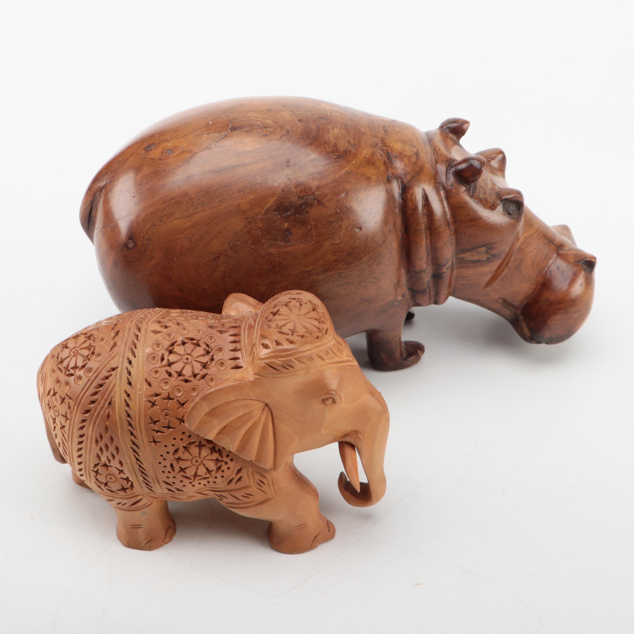 Carved Burlwood Hippo with Indian Jali Elephant