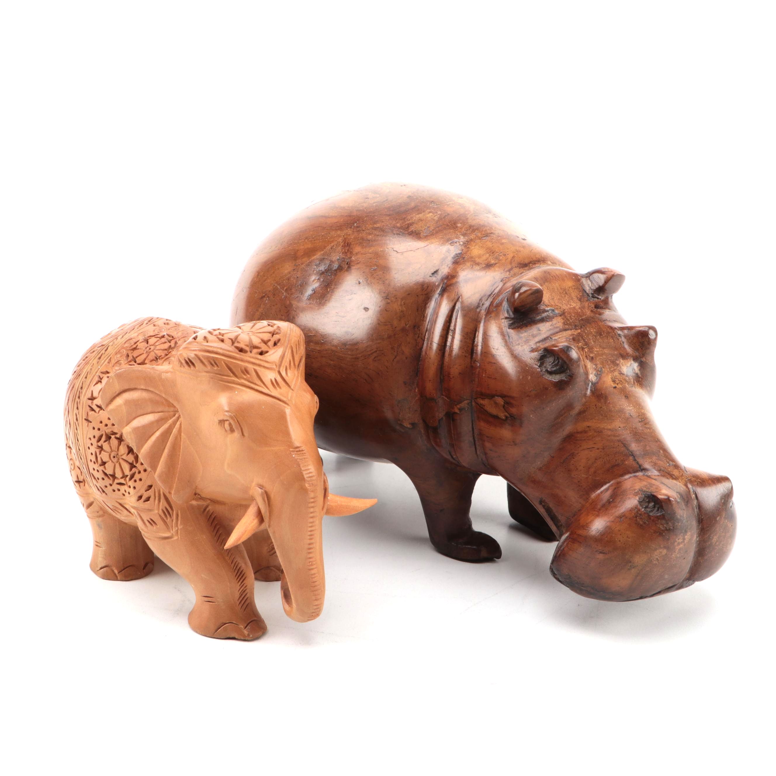 Carved Burlwood Hippo with Indian Jali Elephant