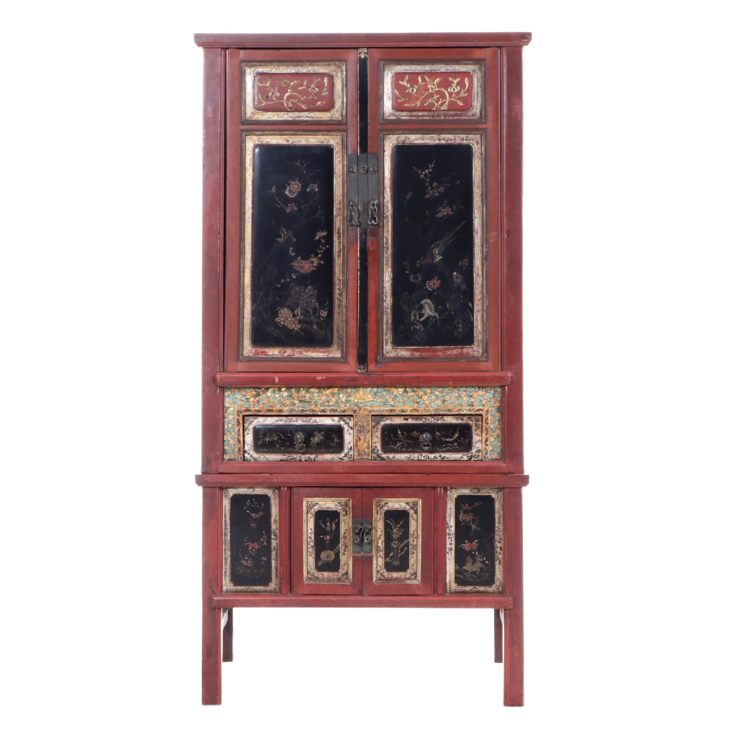 Chinese Two-Piece Lacquered Cabinet with Incised Gilt