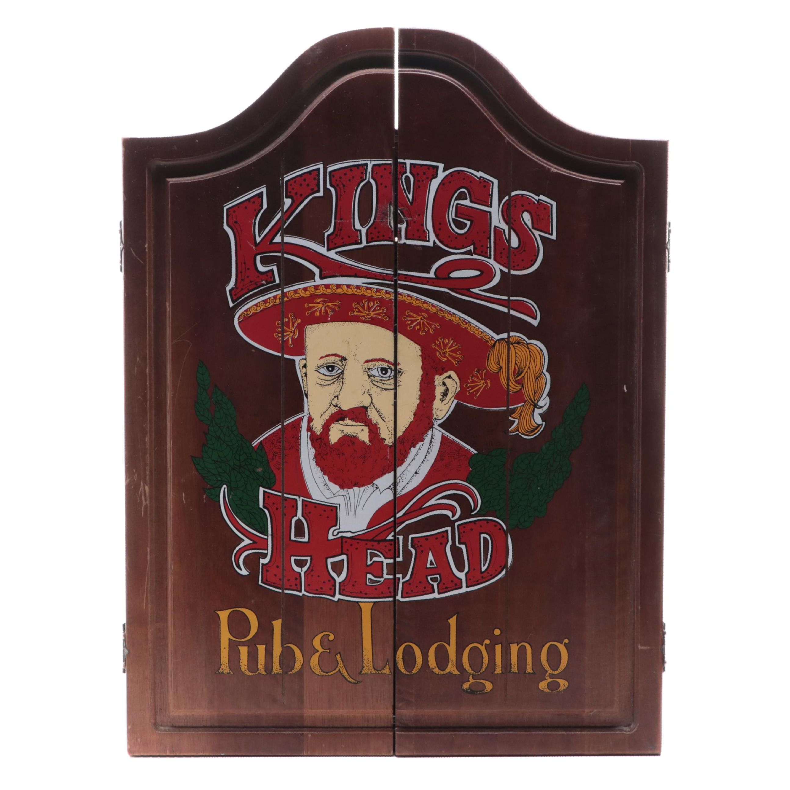 "Kings Head Pub & Lodging" Wooden Dartboard Cabinet