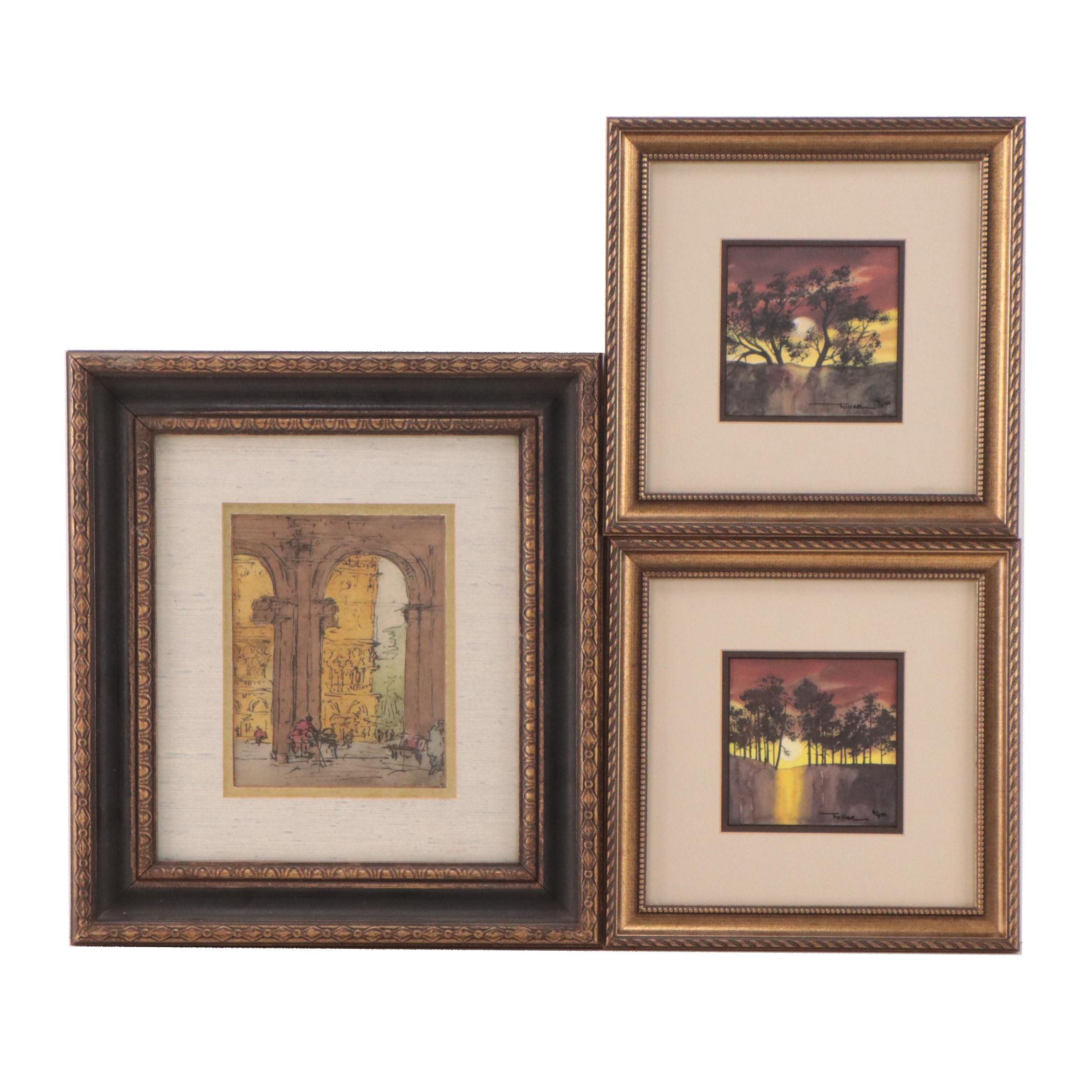 Pair of Lu Fuller Offset Lithographs of Sunset Landscapes and More