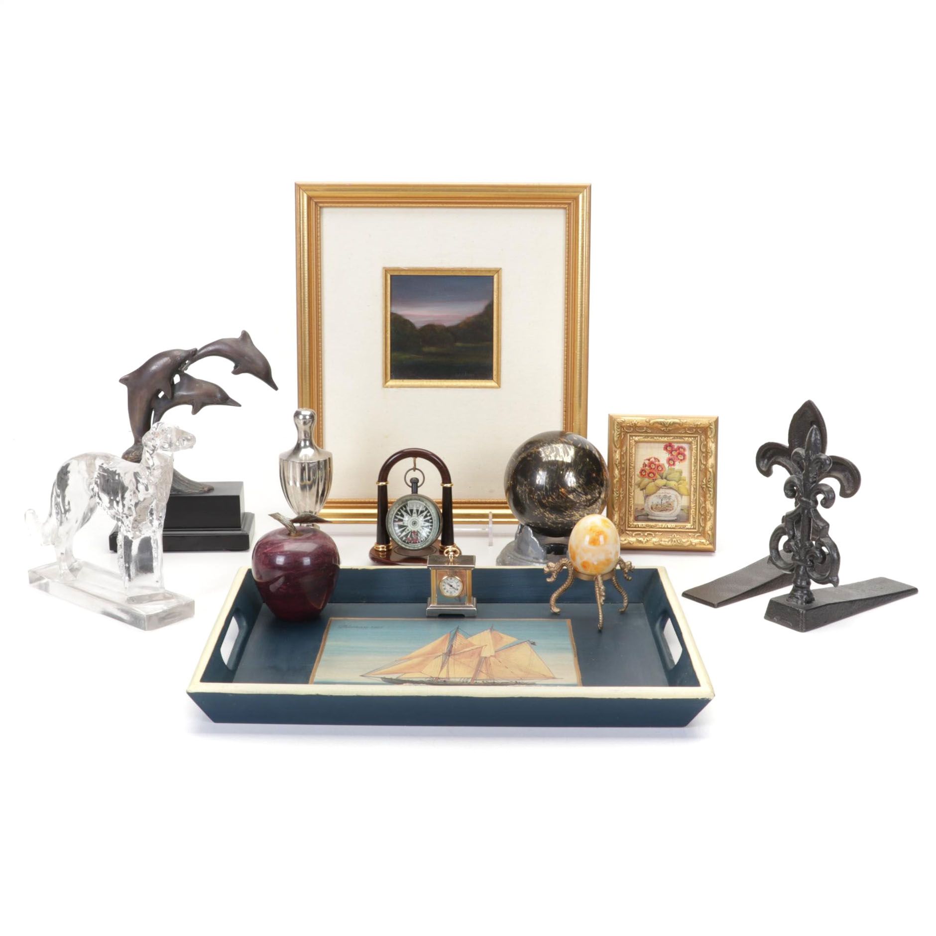 Cast Bronze Dolphins Bookend, Fleur-de-Lys Doorstops, Orb, Stone Egg, More