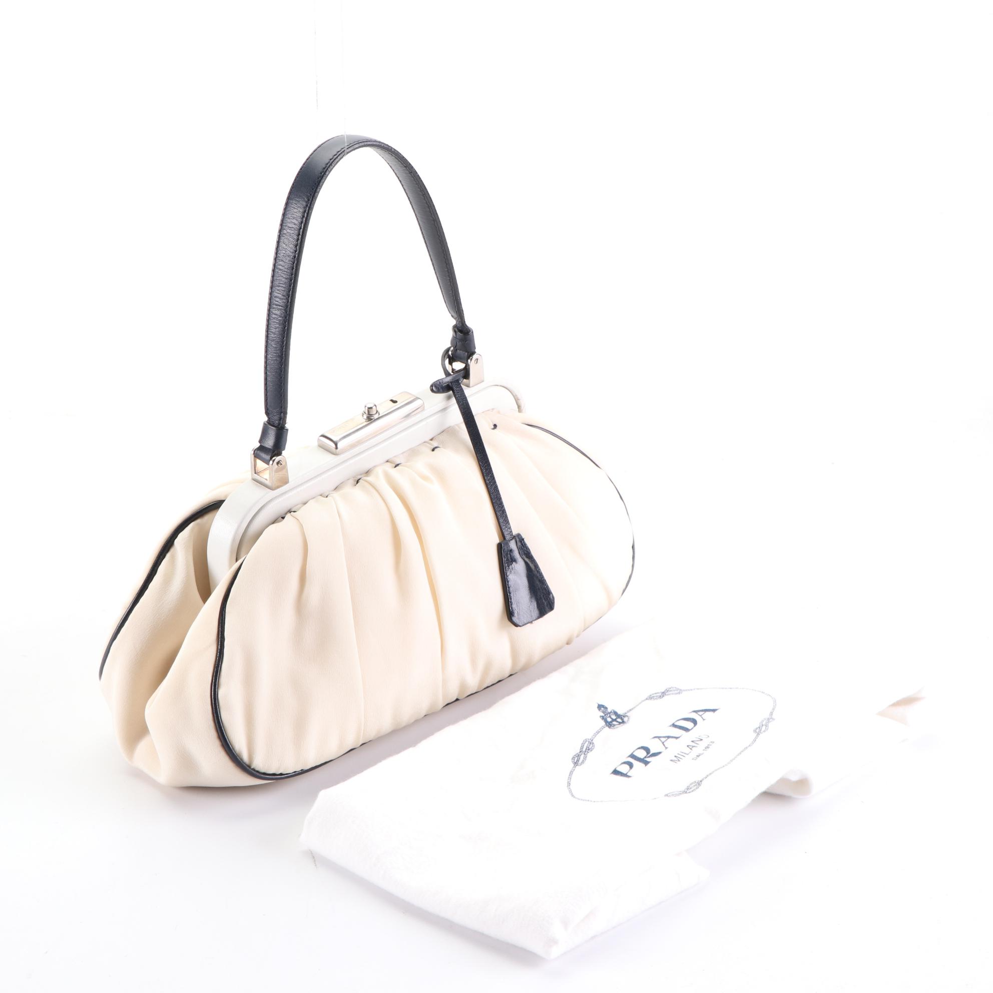 Prada Crepe Silk Handbag with Bicolor Leather Trim
