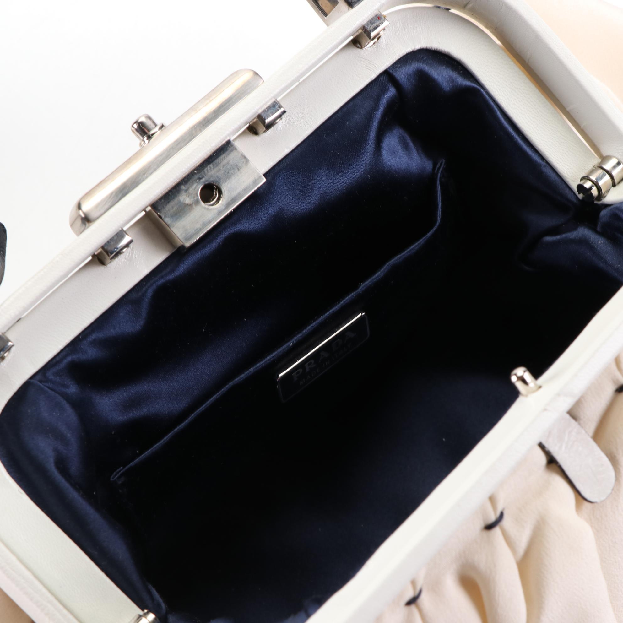 Prada Crepe Silk Handbag with Bicolor Leather Trim