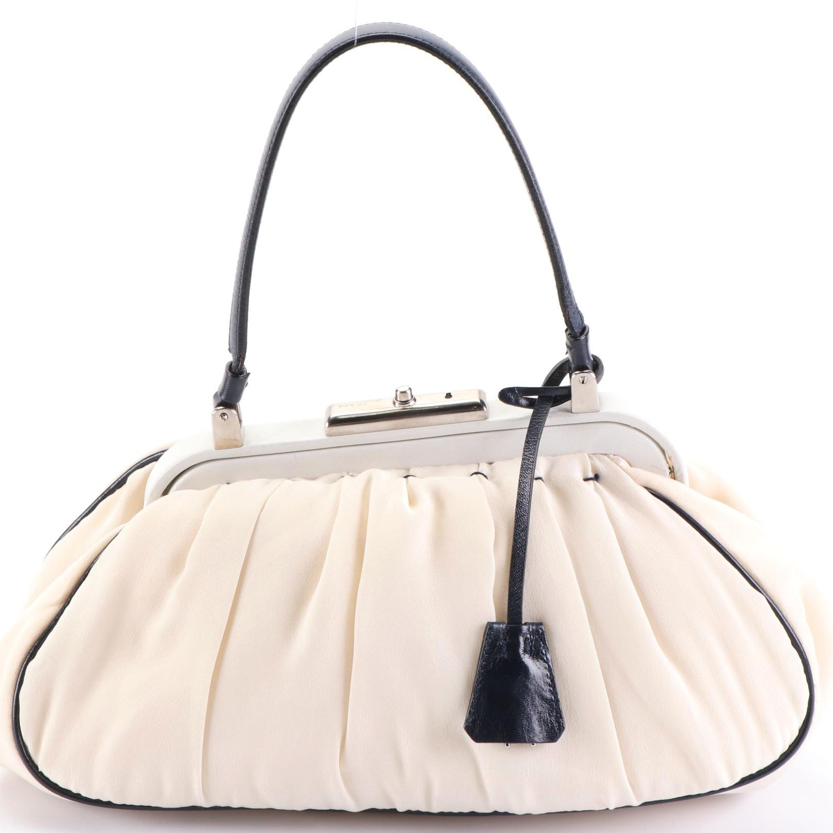 Prada Crepe Silk Handbag with Bicolor Leather Trim