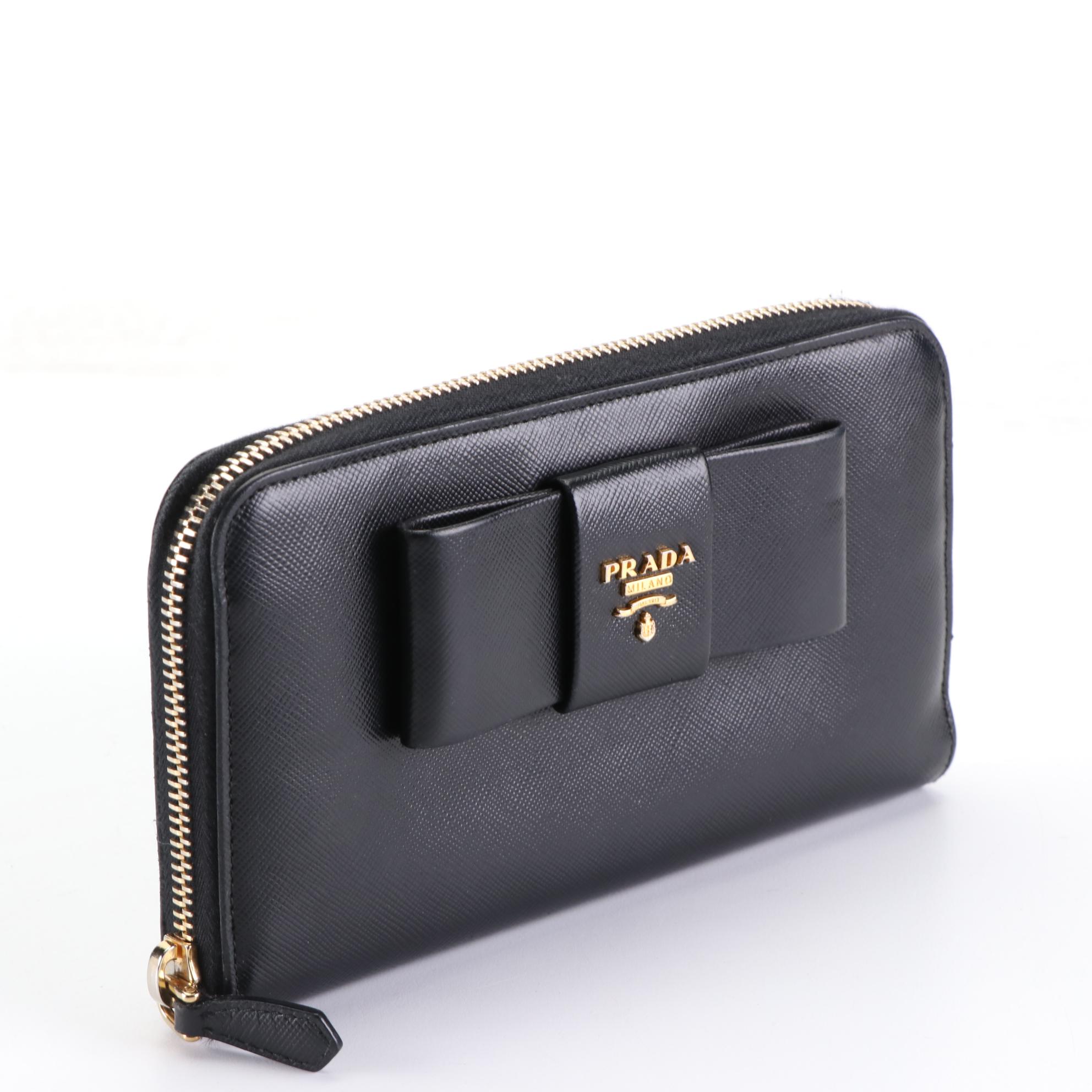 Prada Bow Long Wallet in Black Saffiano Leather