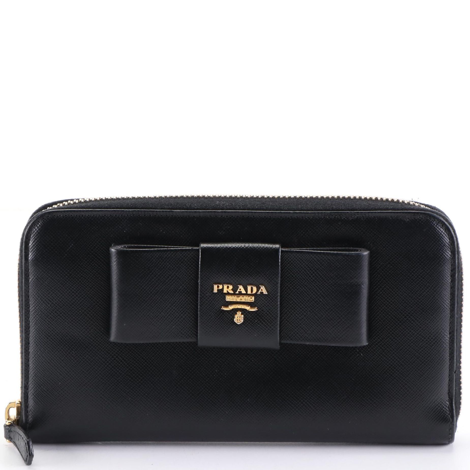 Prada Bow Long Wallet in Black Saffiano Leather