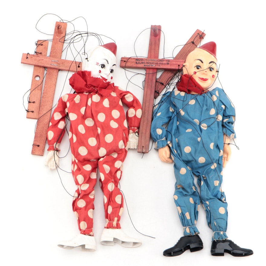 Hazelle's Marionettes "Teto" and "Bimbo" Clown Marionettes, Mid-20th Century