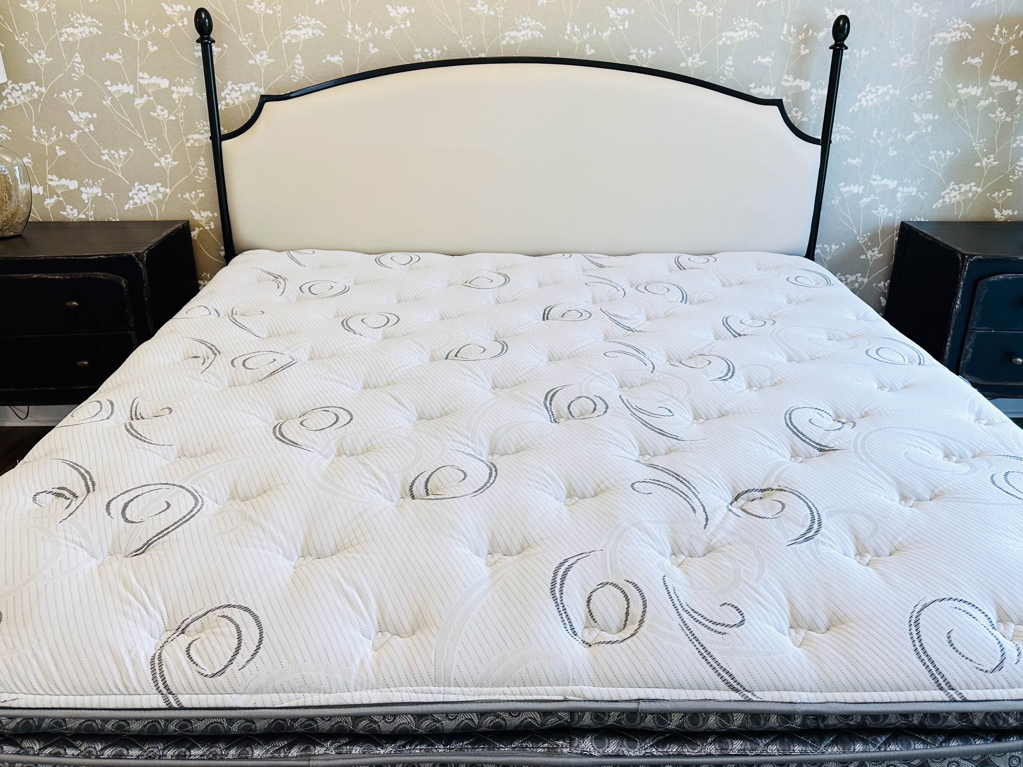 King Size Blackened Metal and Upholstered Bed Frame