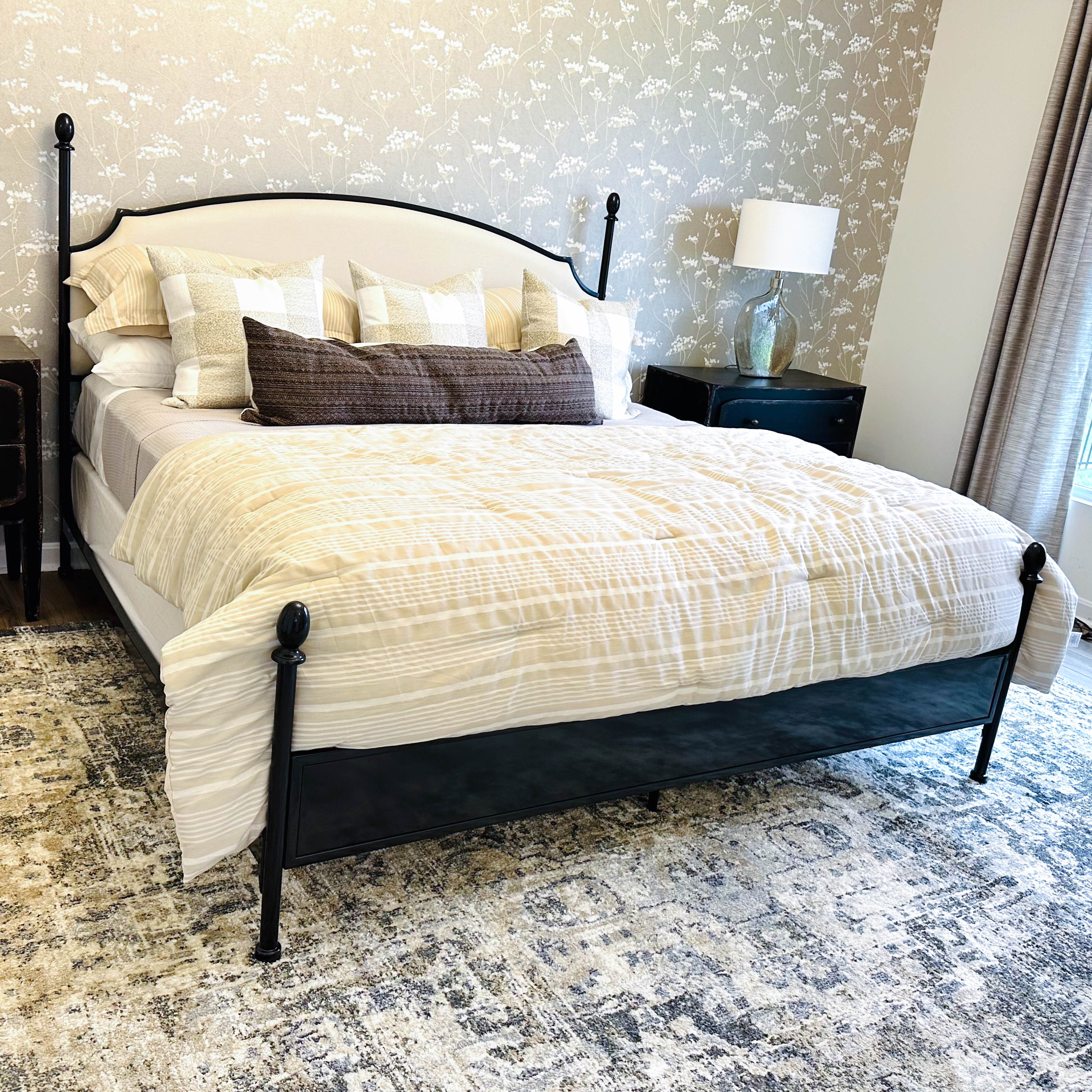 King Size Blackened Metal and Upholstered Bed Frame