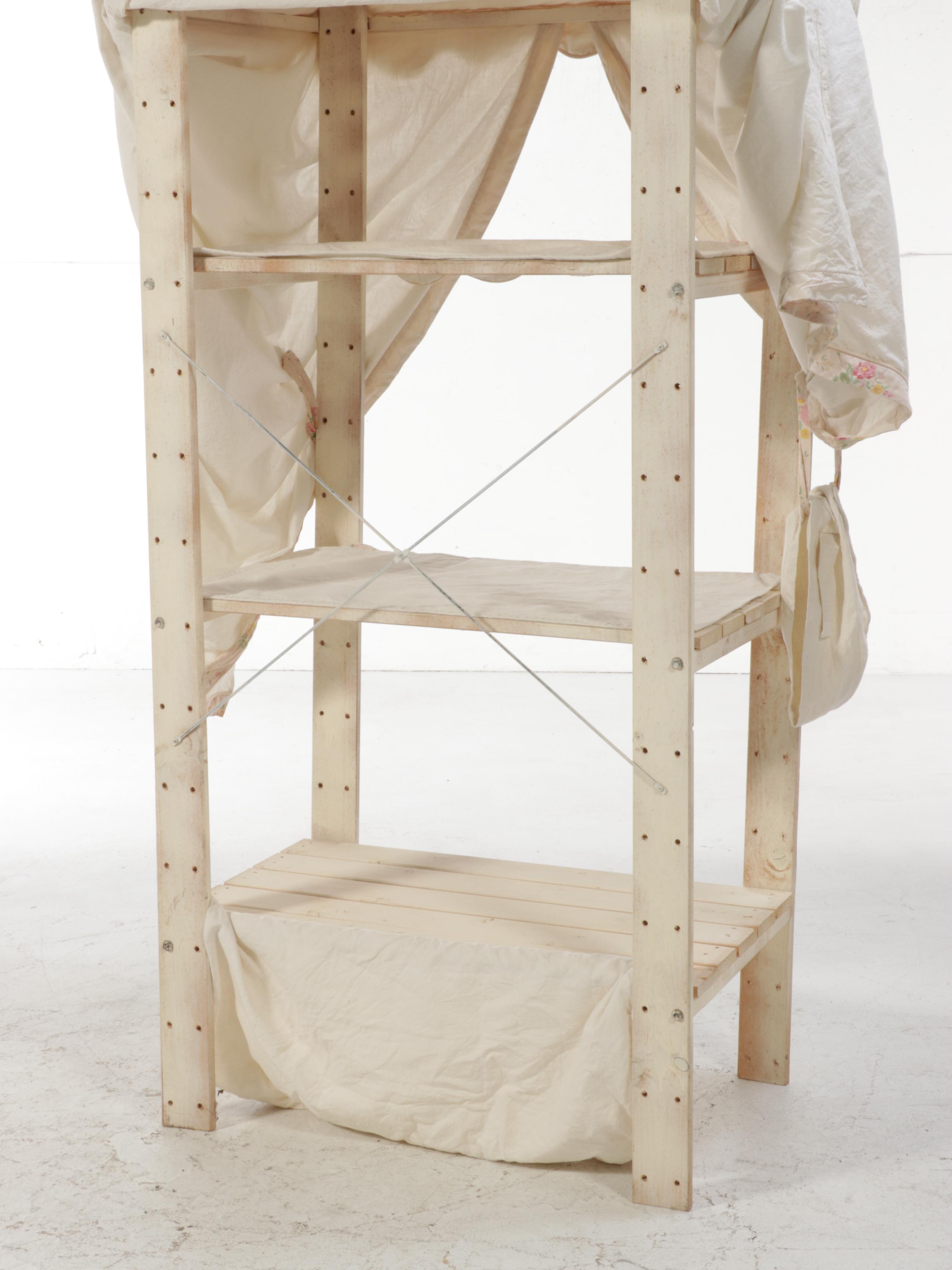 Contemporary Three-Tiered Wood Slat Bookcase with Fabric Canopy