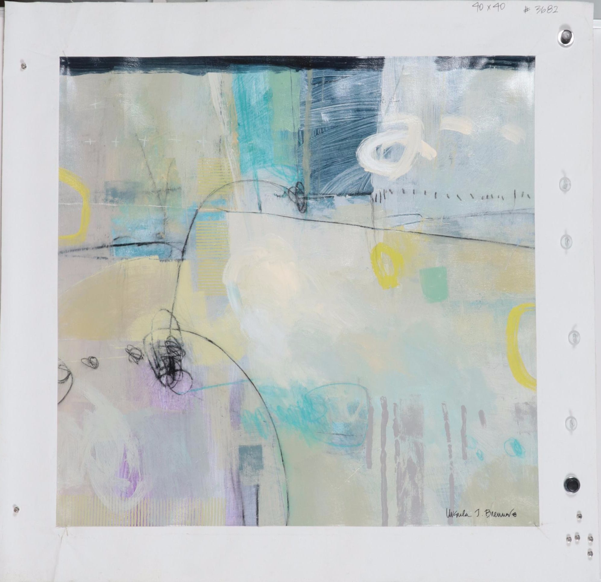 Ursula J. Brenner Abstract Mixed Media Painting on Unstretched Canvas