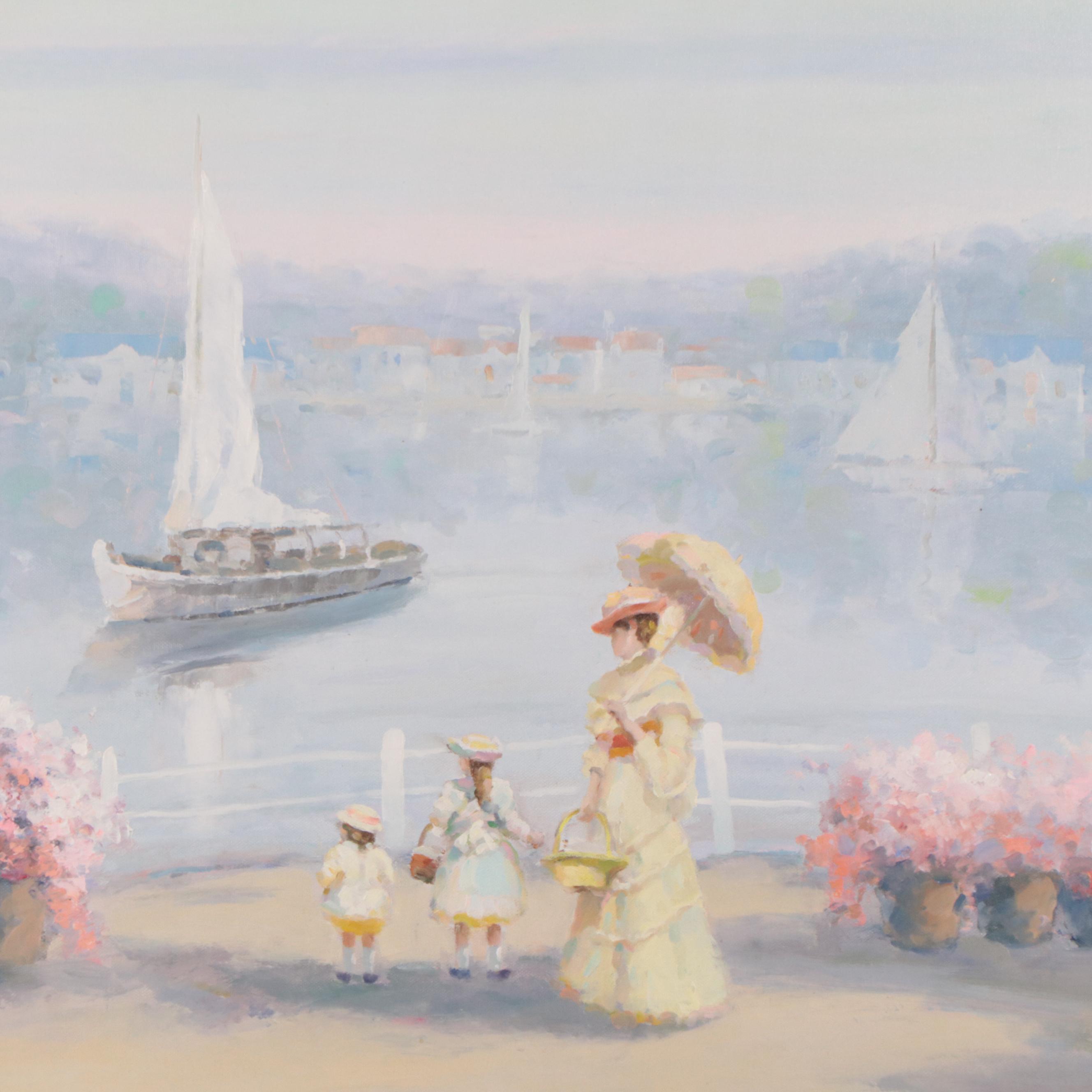 Julius Grodner Oil Painting of Figure With Parasol Along the River