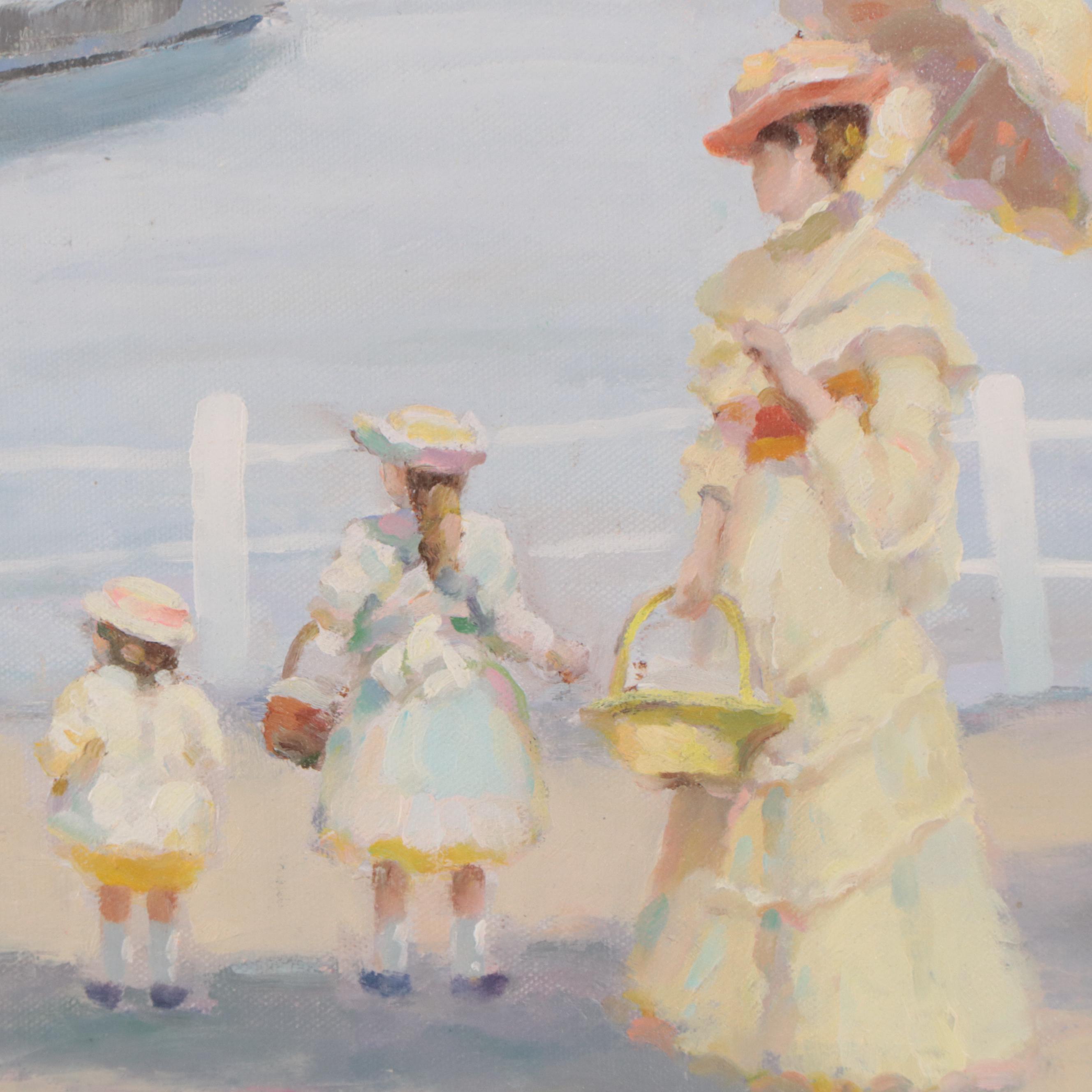 Julius Grodner Oil Painting of Figure With Parasol Along the River