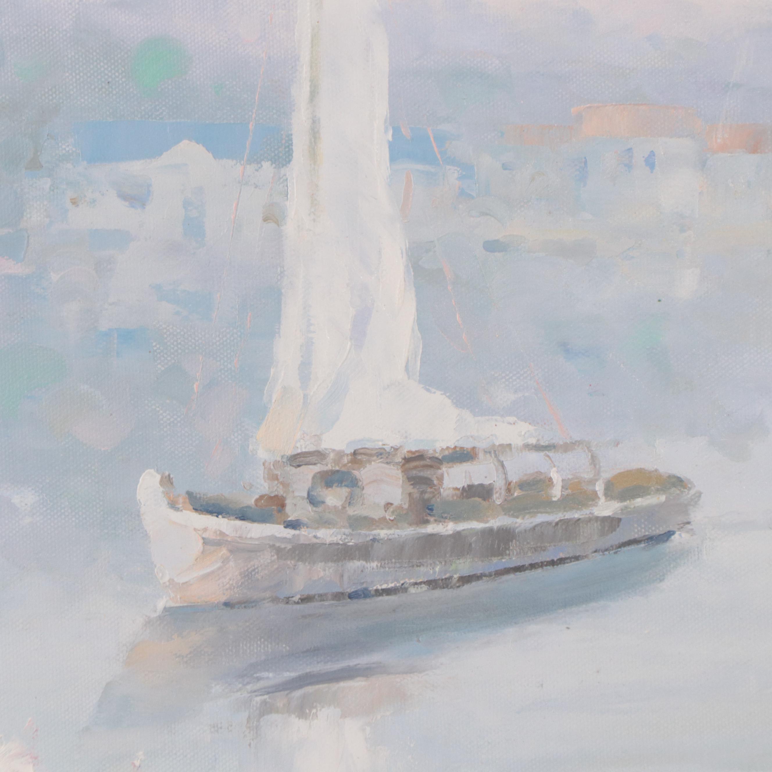 Julius Grodner Oil Painting of Figure With Parasol Along the River