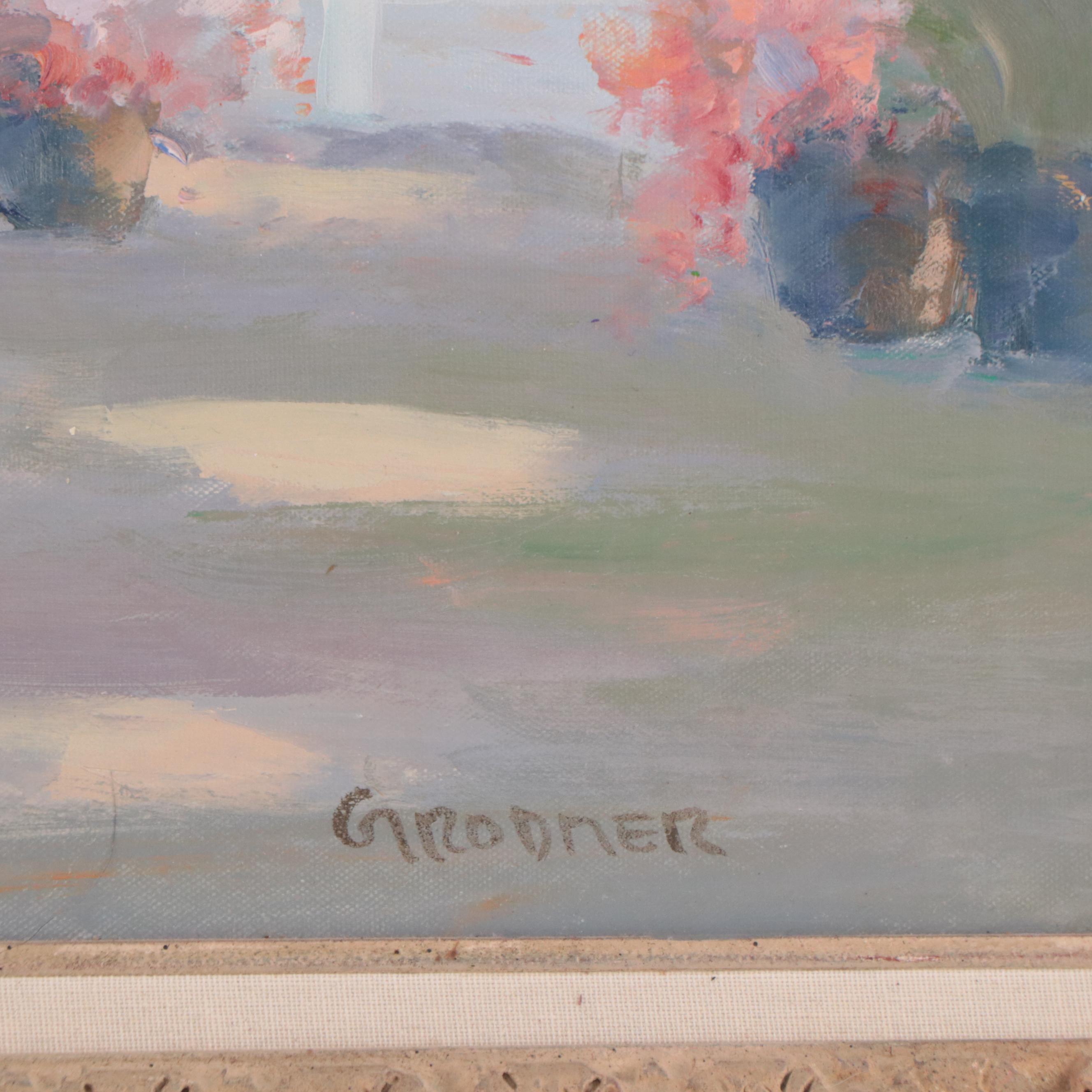 Julius Grodner Oil Painting of Figure With Parasol Along the River