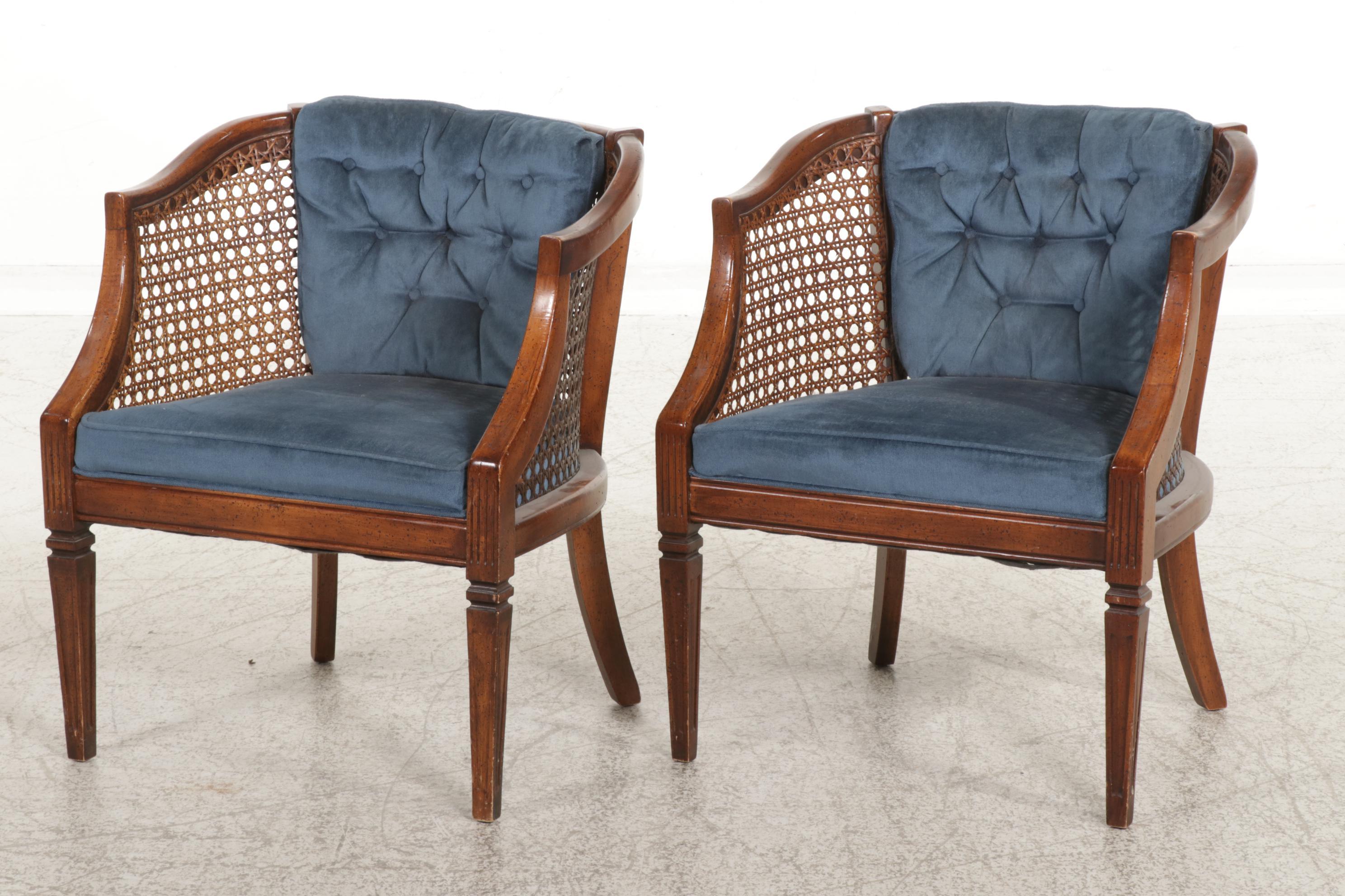Pair of Directoire Style Fruitwood-Stained and Caned Bergères, circa 1970
