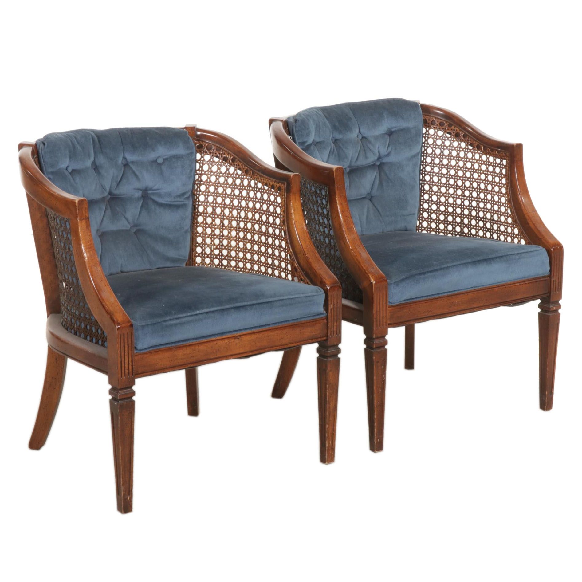 Pair of Directoire Style Fruitwood-Stained and Caned Bergères, circa 1970