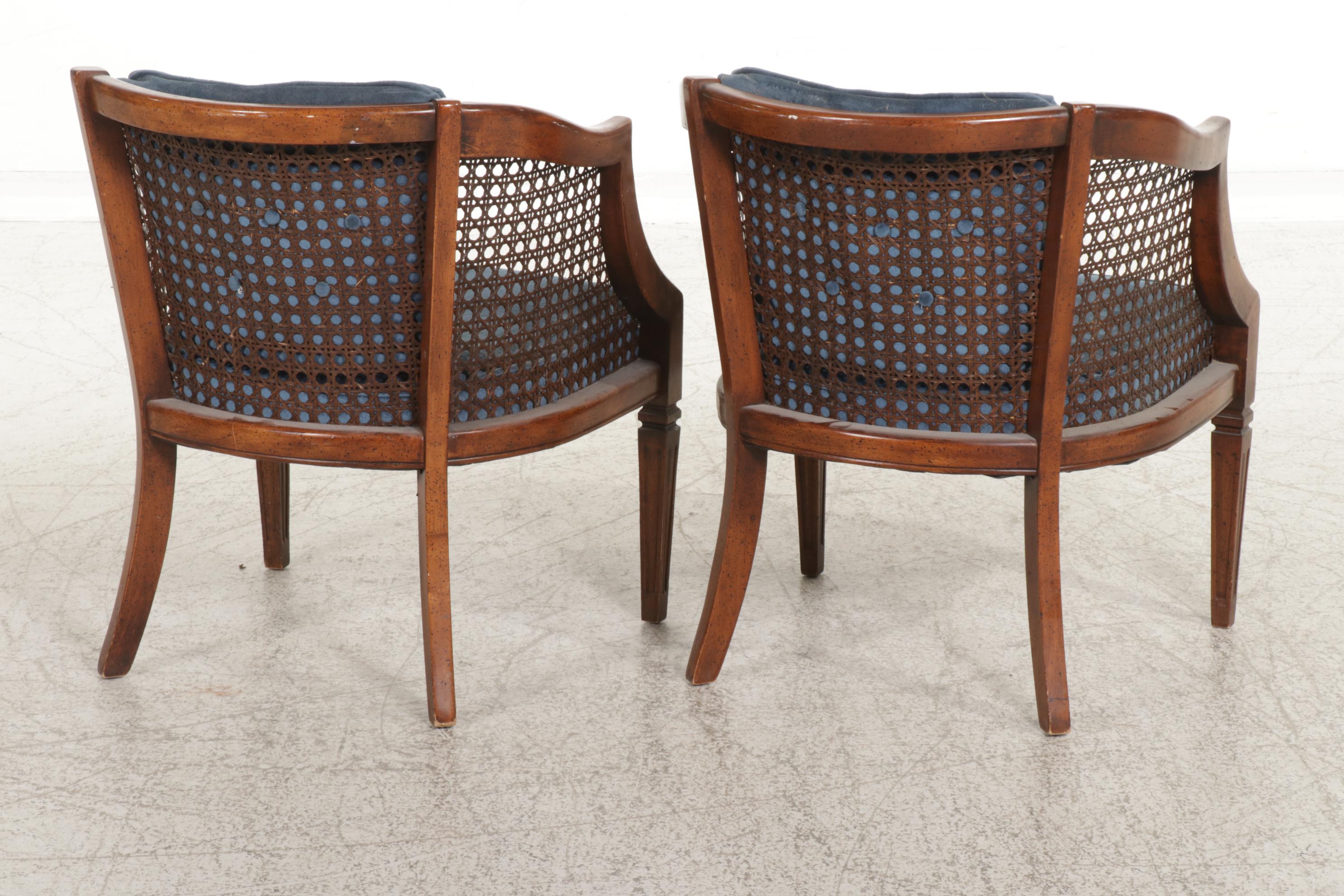 Pair of Directoire Style Fruitwood-Stained and Caned Bergères, circa 1970