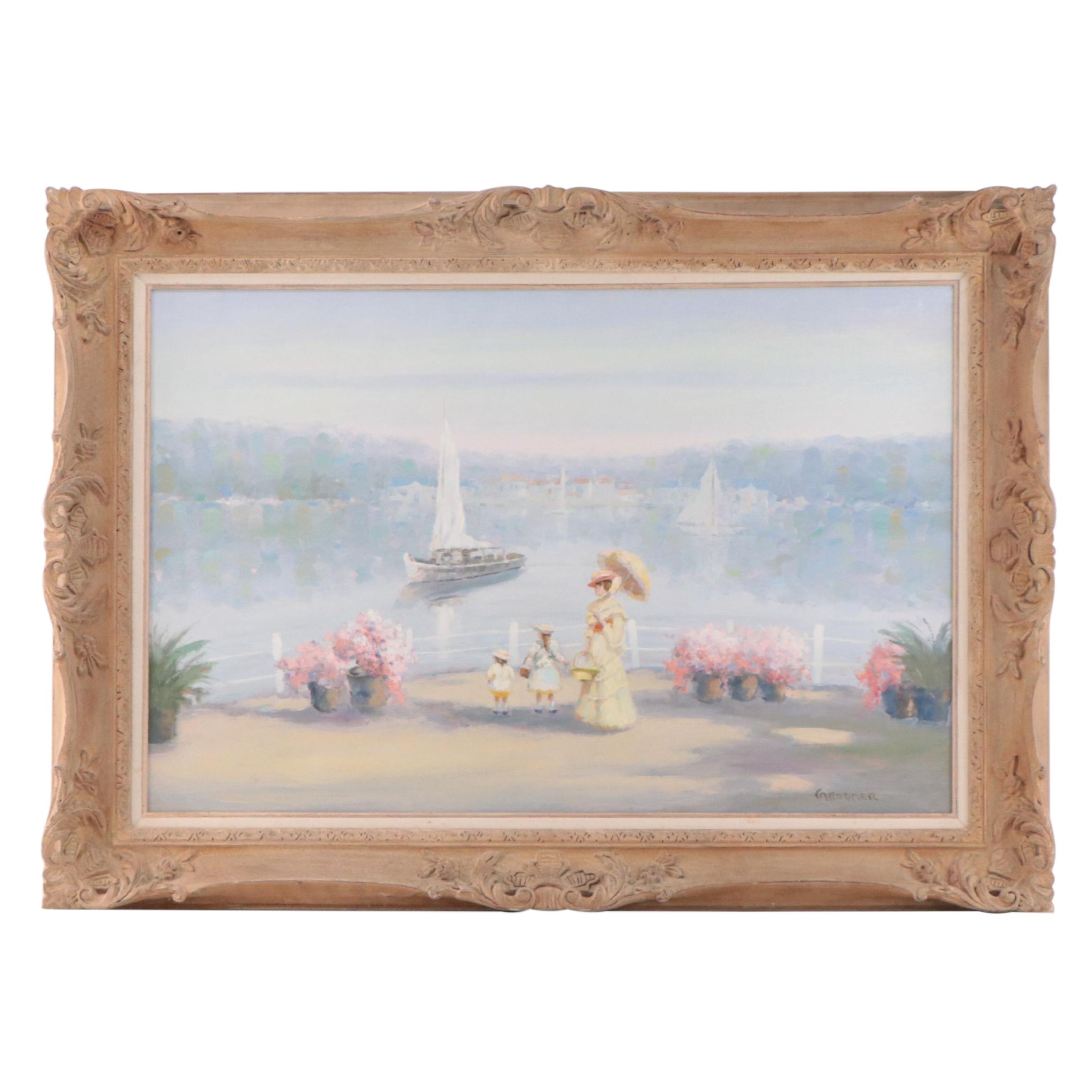 Julius Grodner Oil Painting of Figure With Parasol Along the River